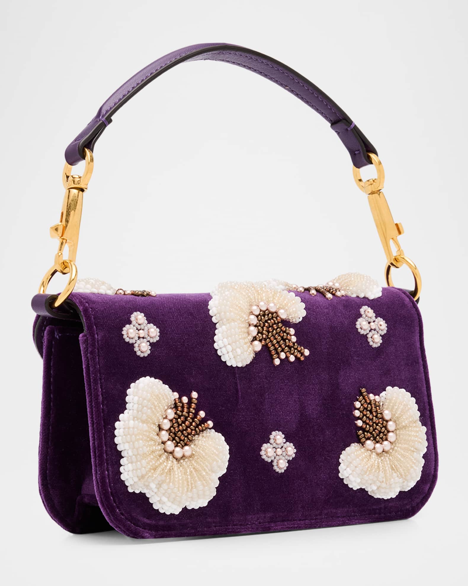 Valentino Garavani Loco Small Peonies Beaded Velvet Shoulder Bag