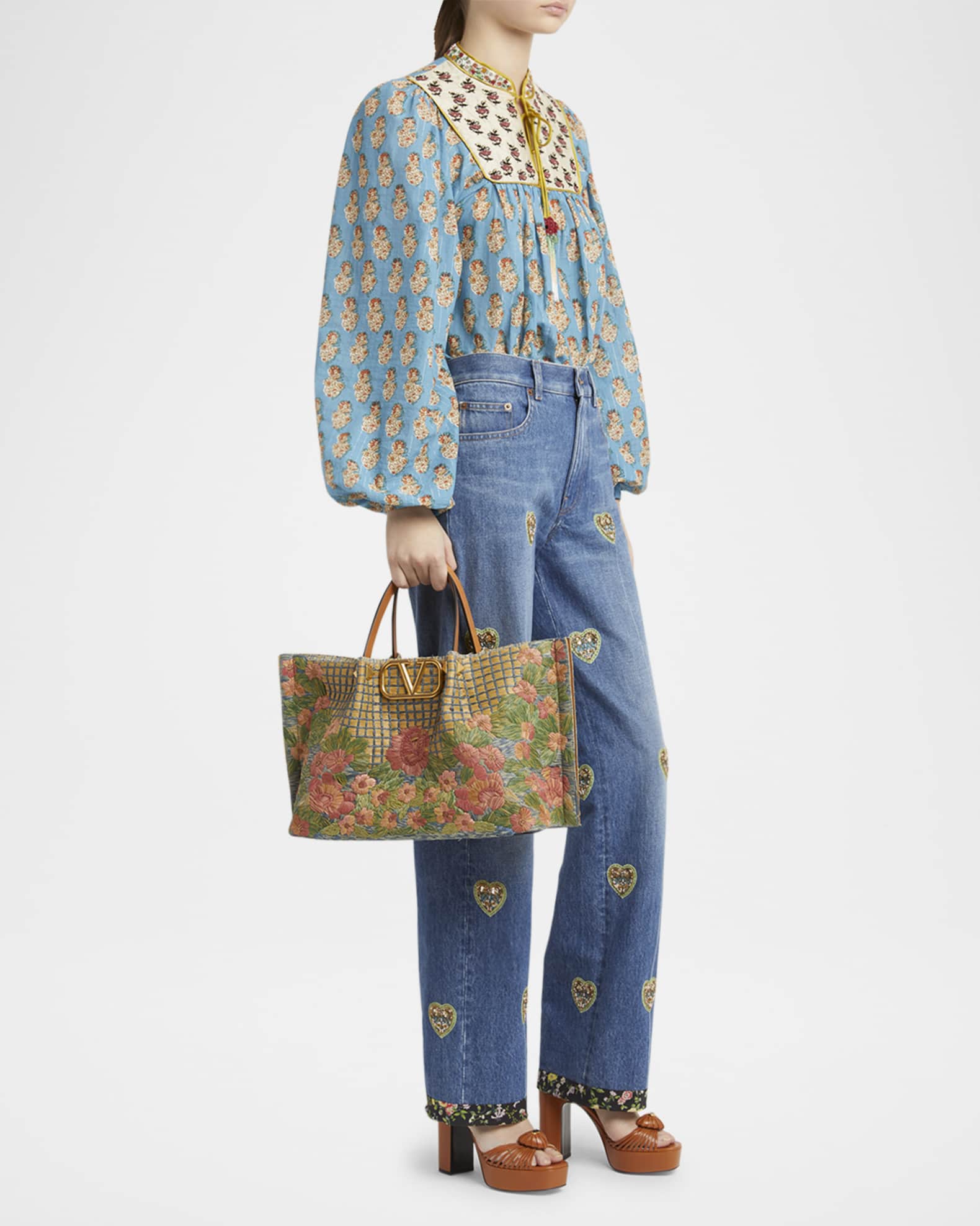 Valentino Garavani Floral-Embroidered Raffia Tote Bag