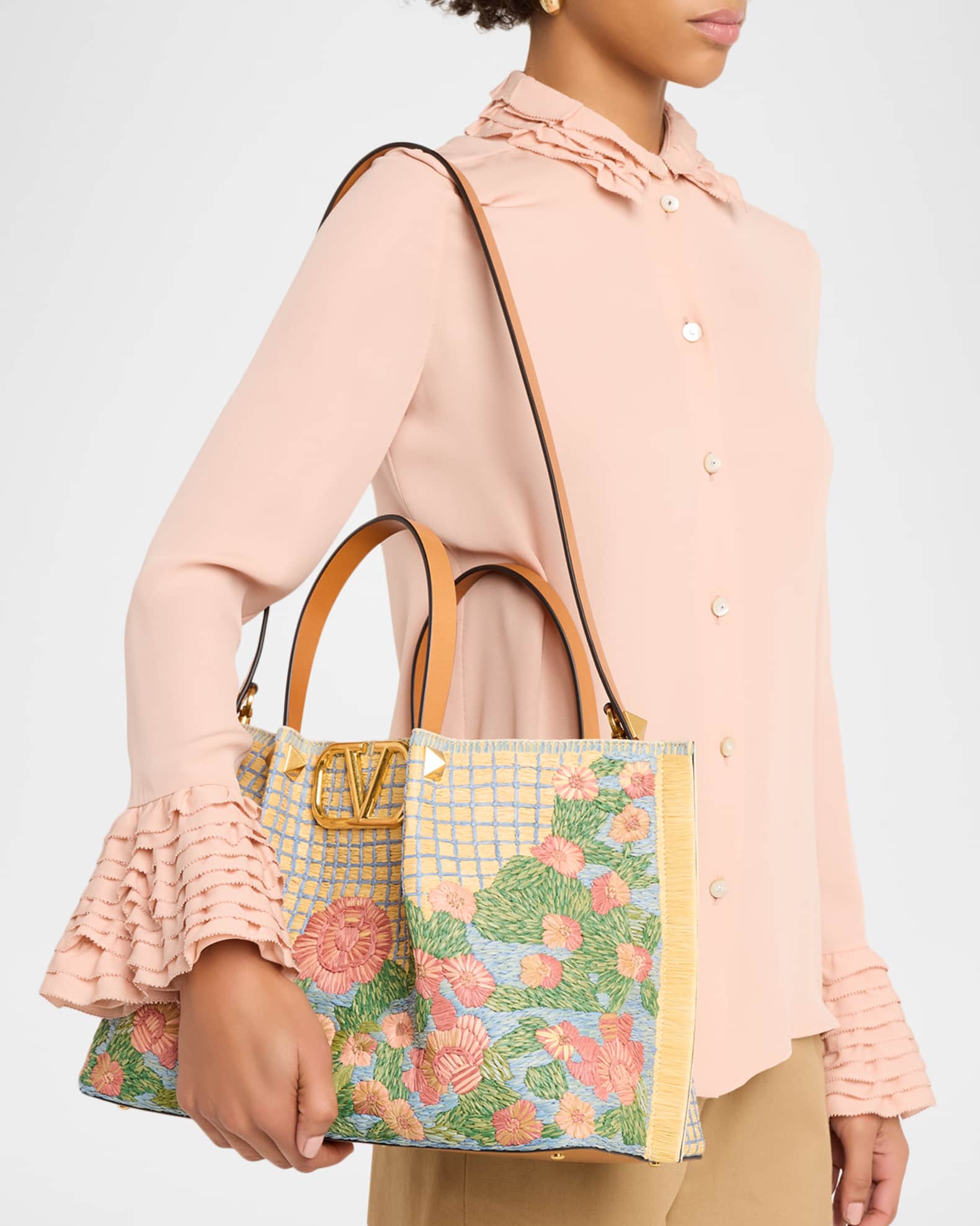Valentino Garavani Floral-Embroidered Raffia Tote Bag | Neiman Marcus