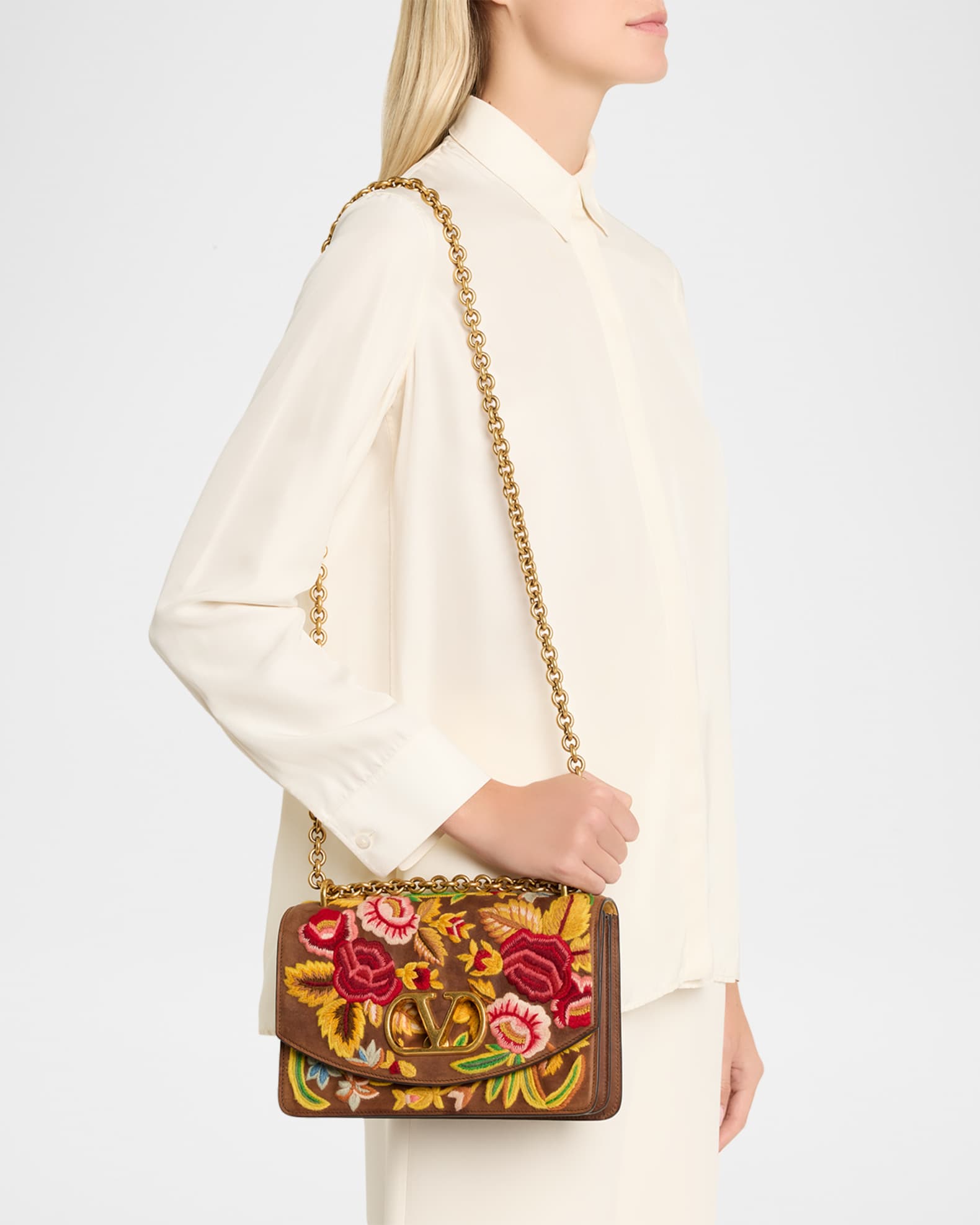 Valentino Garavani Vain Medium Floral-Embroidered Suede Shoulder