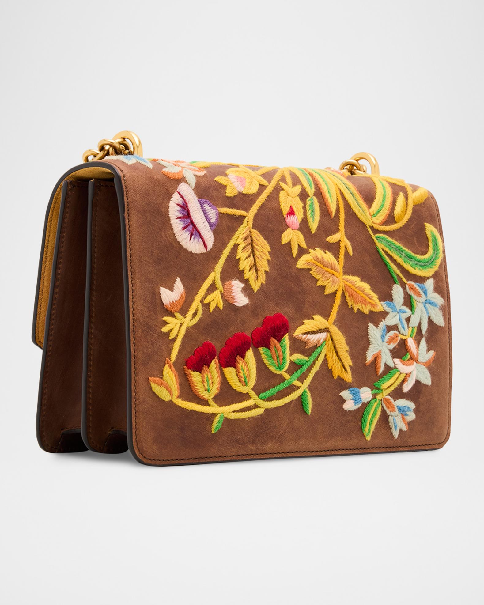 Valentino Garavani Vain Medium Floral-Embroidered Suede Shoulder