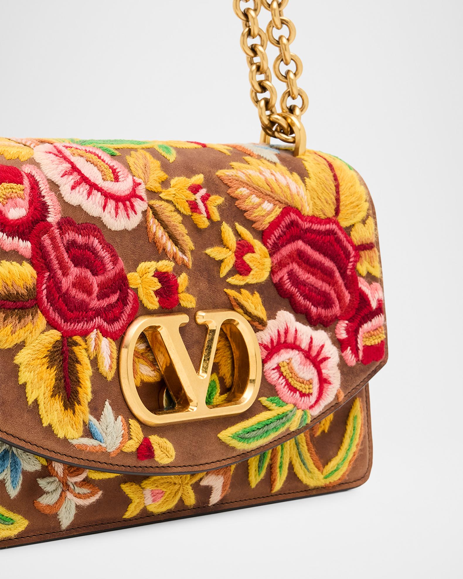 Valentino Garavani Vain Medium Floral-Embroidered Suede Shoulder 