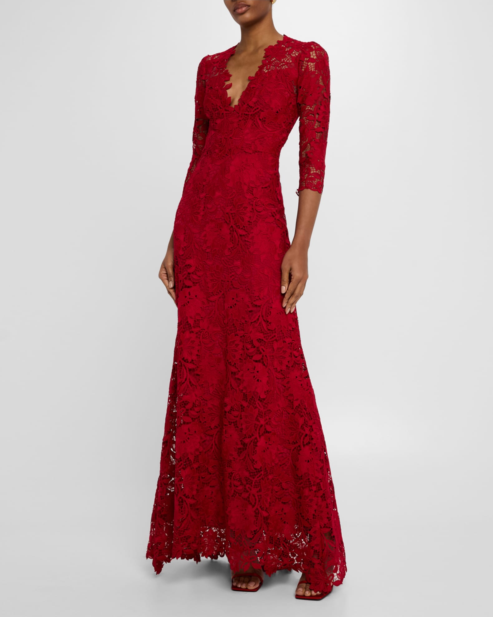 Plunging 3/4-Sleeve Guipure Lace Gown 1