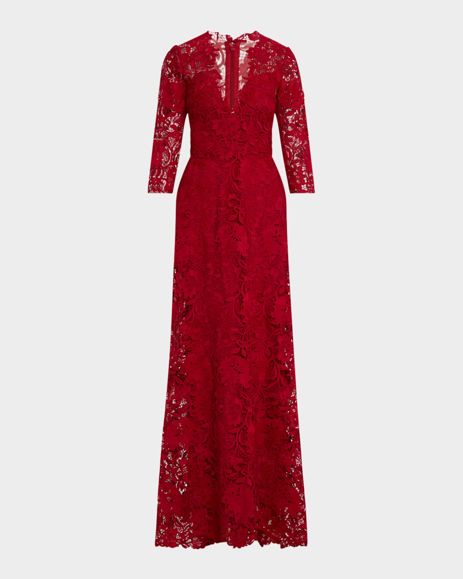Plunging 3/4-Sleeve Guipure Lace Gown 0