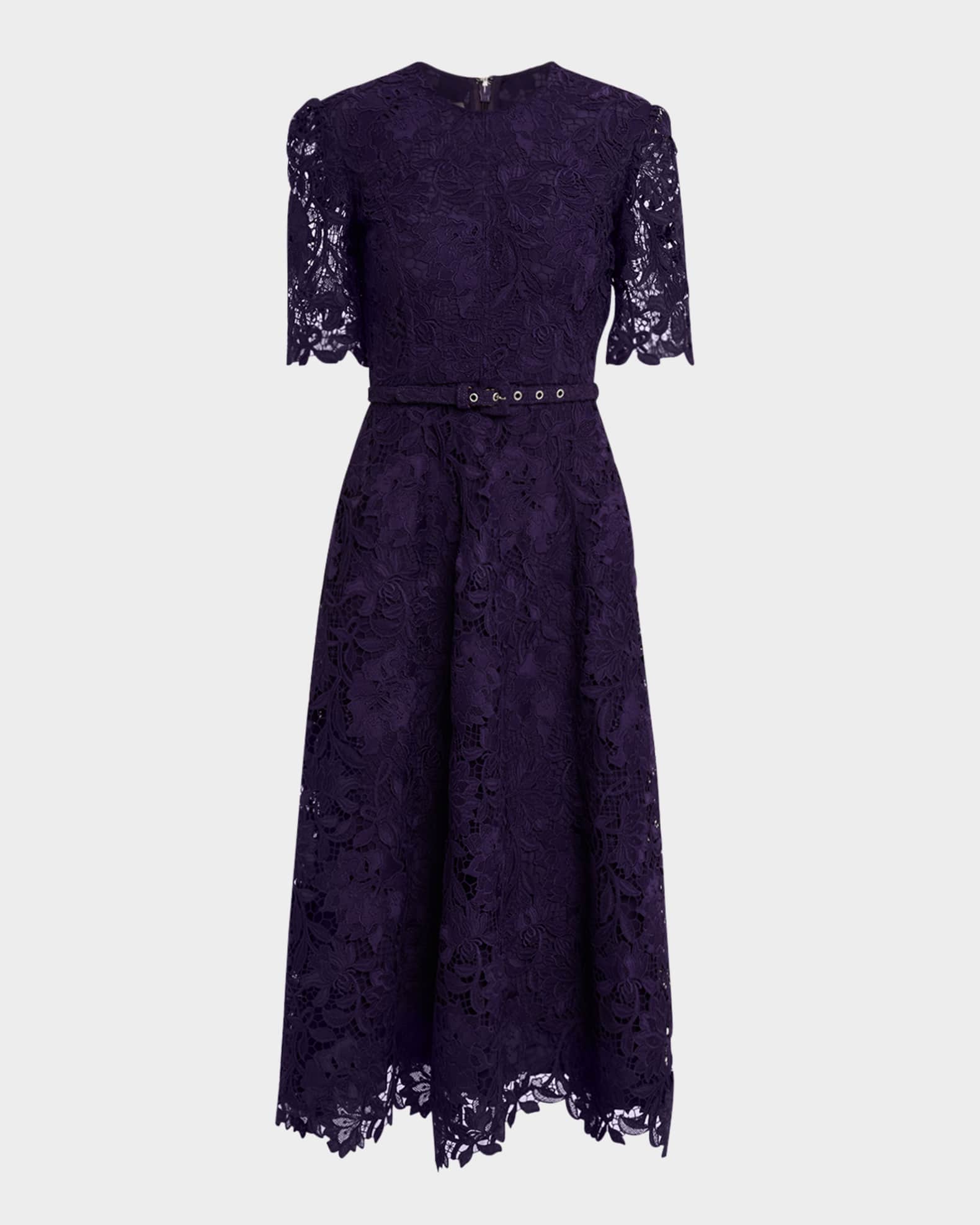Floral Toile Lace Belted Midi Dress 0