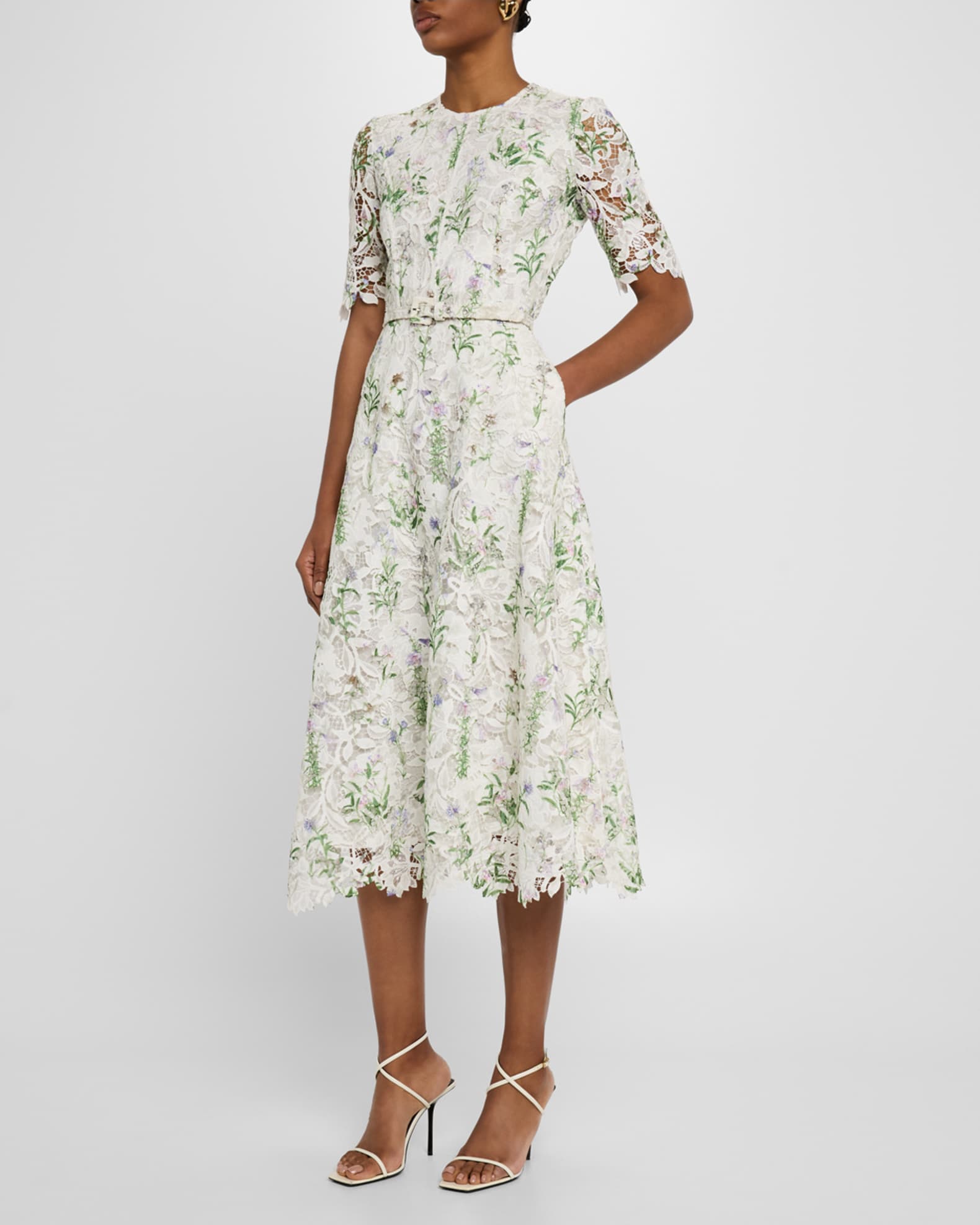 Floral-Print Lace Short-Sleeve Midi Day Dress With Belt 1