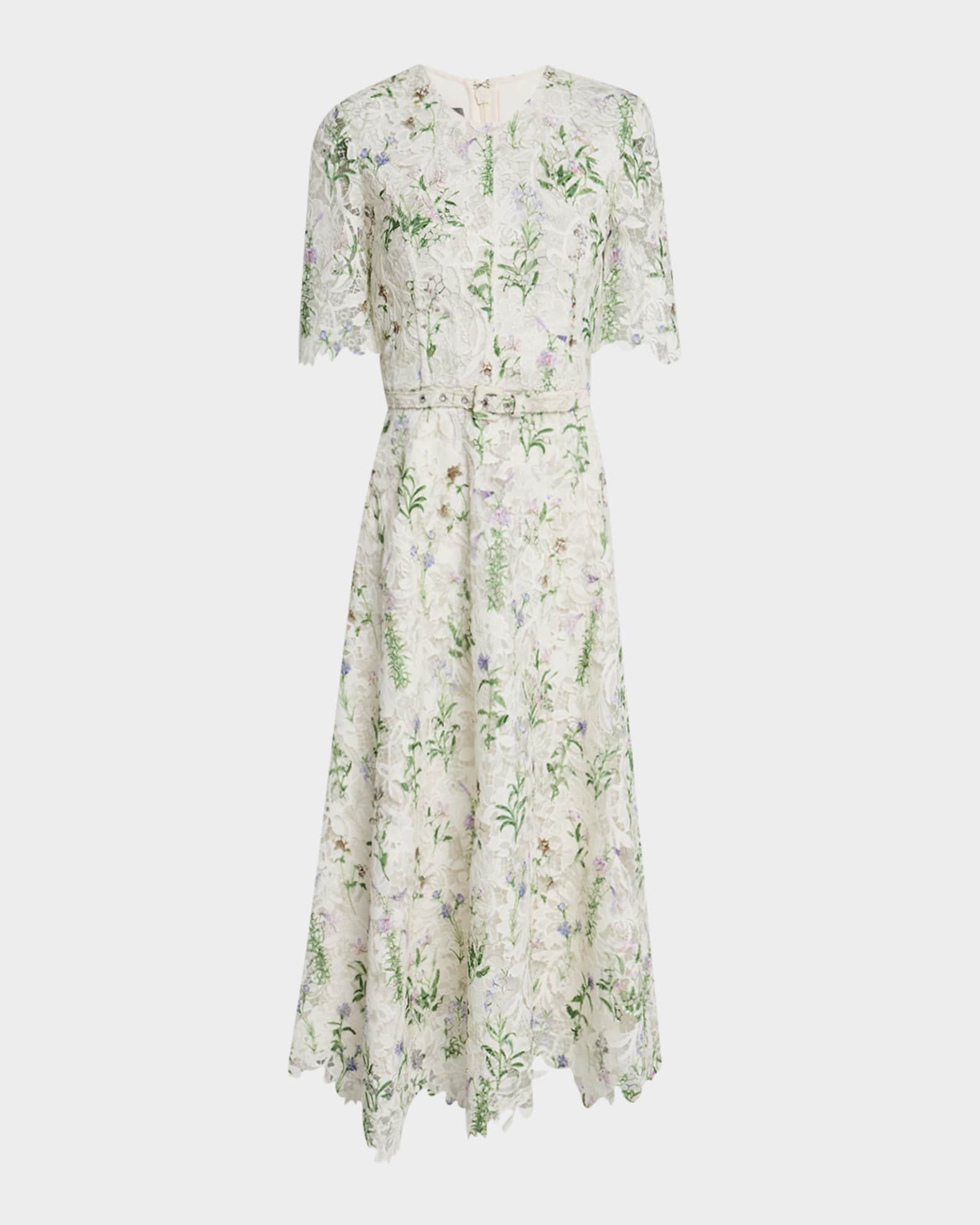 Floral-Print Lace Short-Sleeve Midi Day Dress With Belt 0