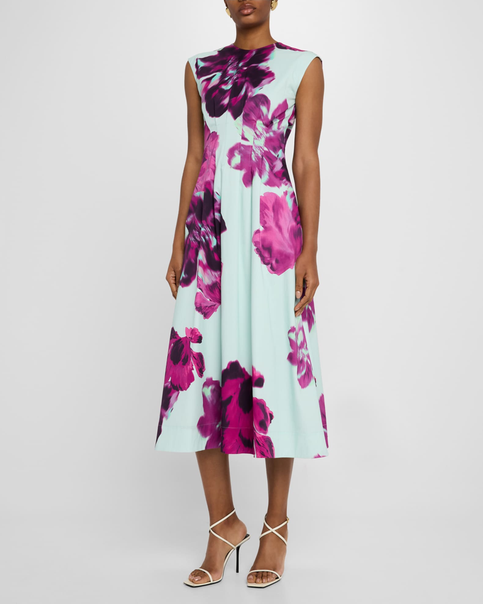 Electric Floral Print Poplin Pleated Midi Dress 1