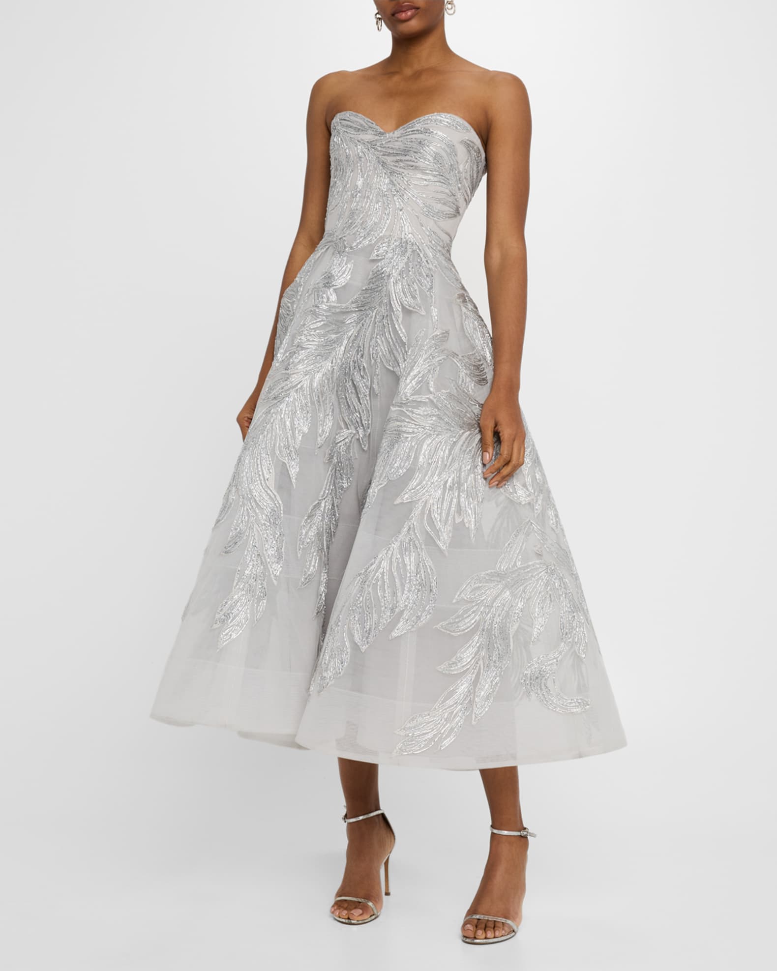 Strapless Metallic Embroidered Tea-Length Cocktail Dress 1
