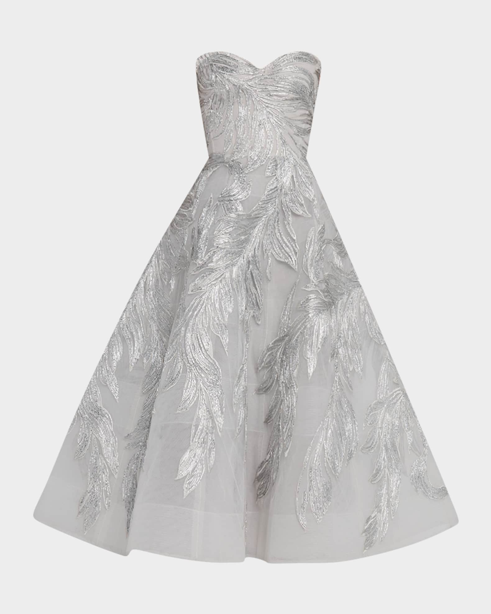 Strapless Metallic Embroidered Tea-Length Cocktail Dress 0