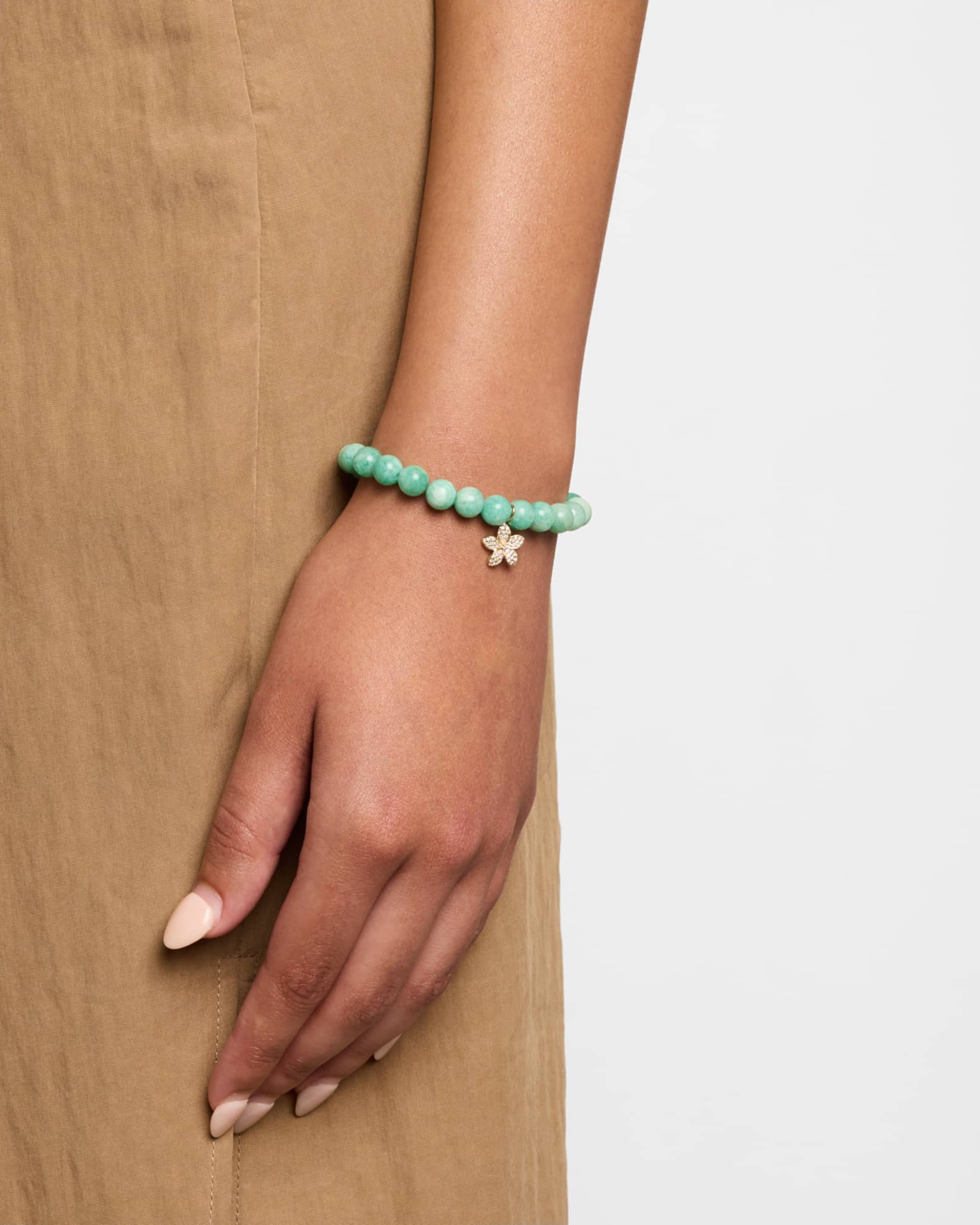 14K Yellow Gold Plumeria Charm and Russian Amazonite Bead Bracelet 1