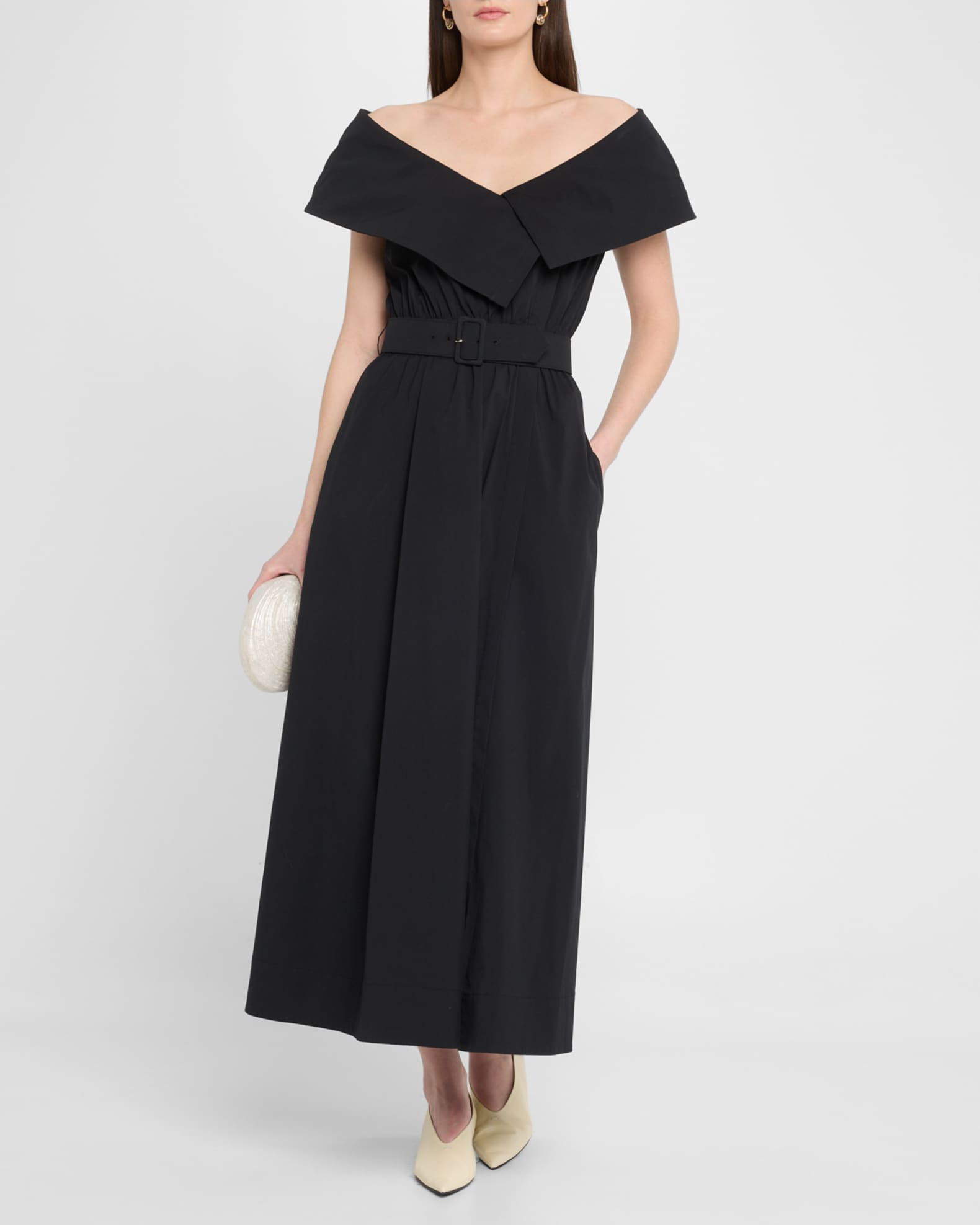 Asymmetric Cuff Belted Cotton Poplin Midi Dress 1
