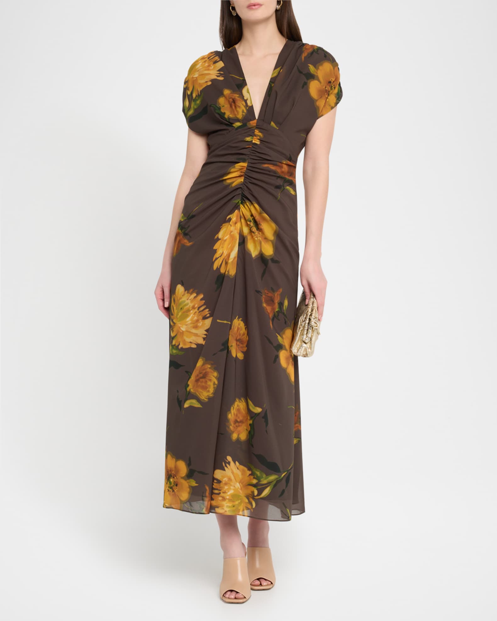 Floral-Print Chiffon V-Neck Shirred Midi Dress 1