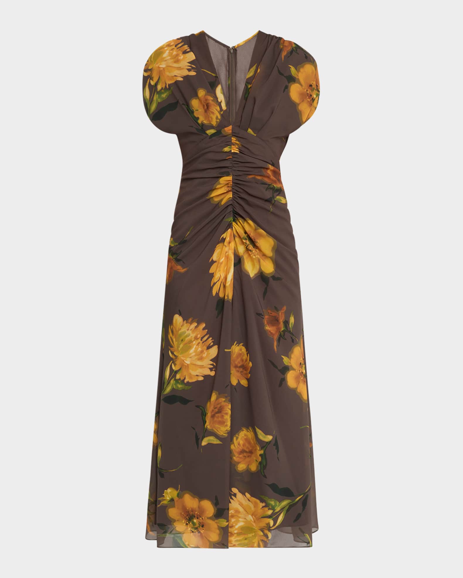 Floral-Print Chiffon V-Neck Shirred Midi Dress 0