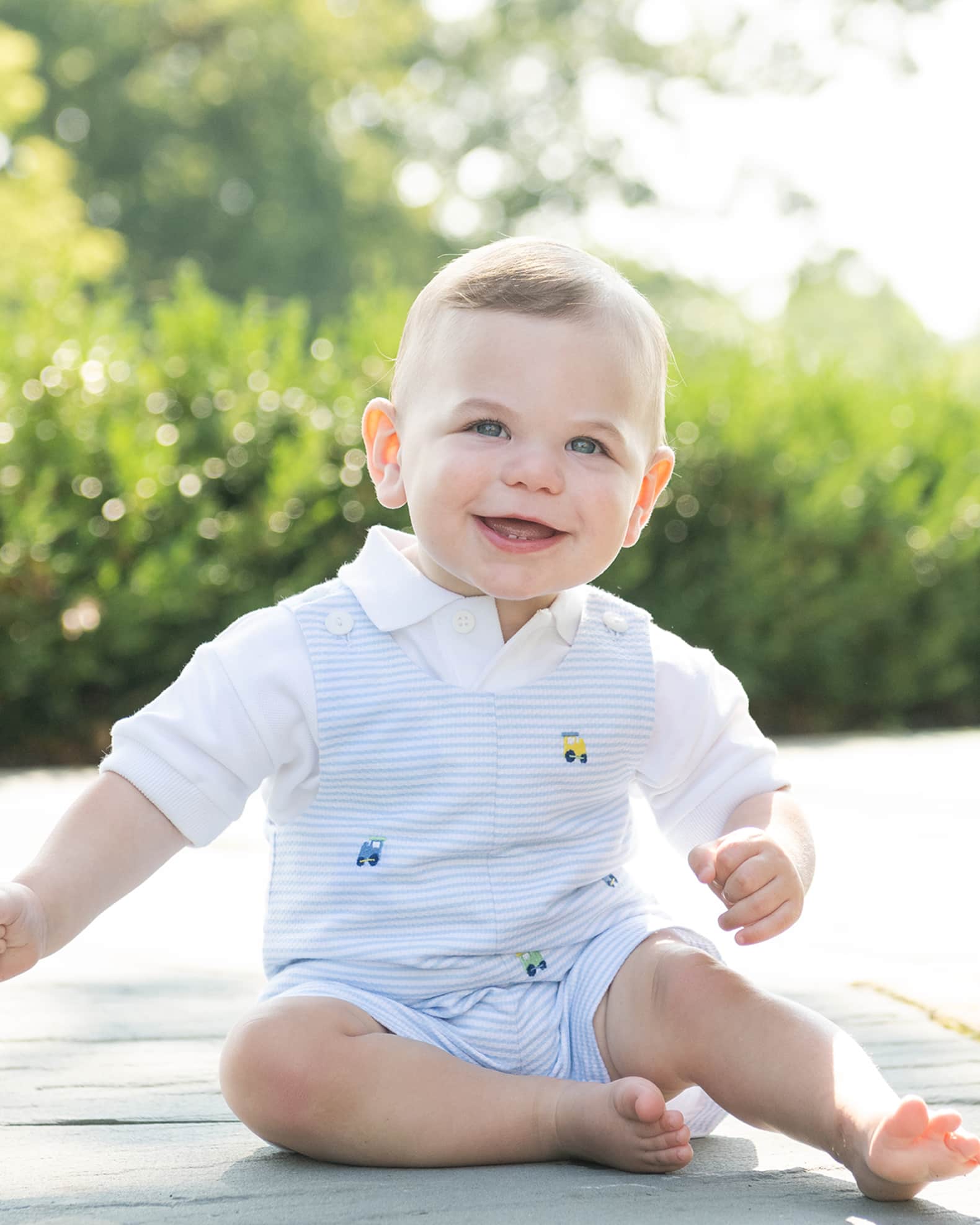 Boy's Striped Embroidered Trains Shortall W/ Polo Shirt, Size 3M-18M 1