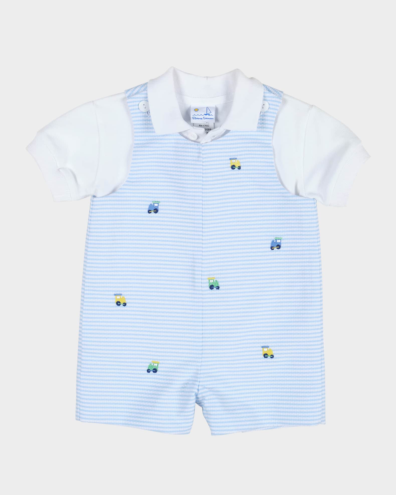 Boy's Striped Embroidered Trains Shortall W/ Polo Shirt, Size 3M-18M 0