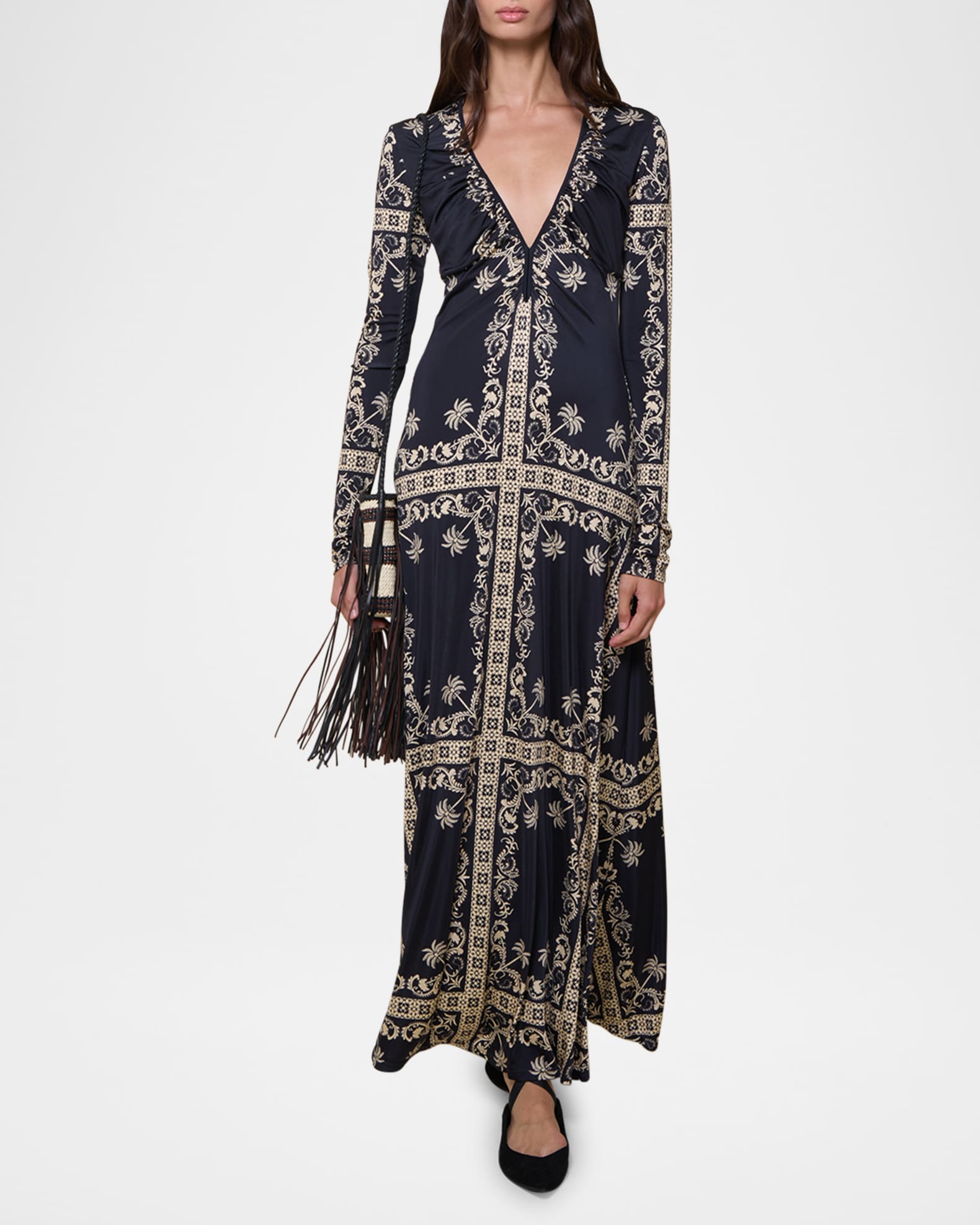 Black Ecru Embroidered Long-Sleeve Maxi Dress 1