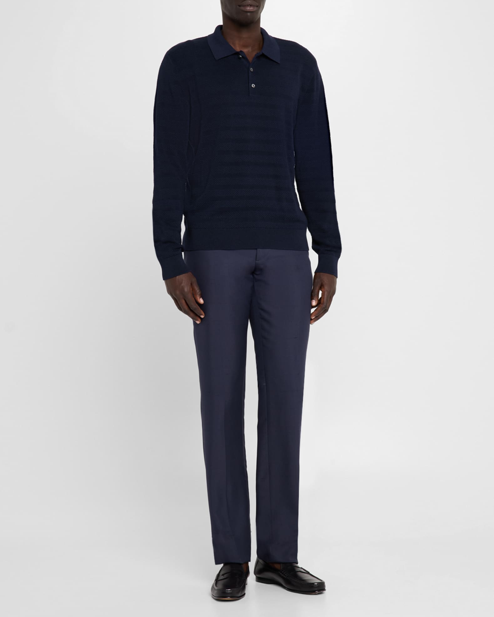 Men's Textured Silk-Cotton Polo Sweater - Thumbnail 2
