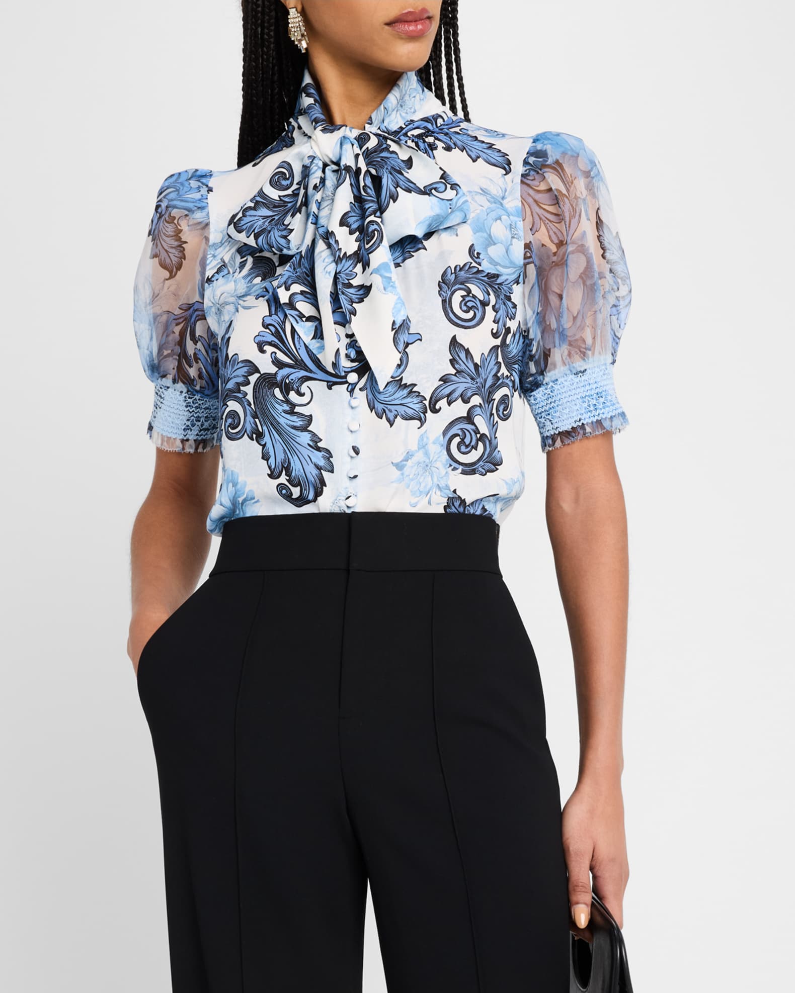 Alice + Olivia Scroll Symphony Brentley Tie-Neck Top