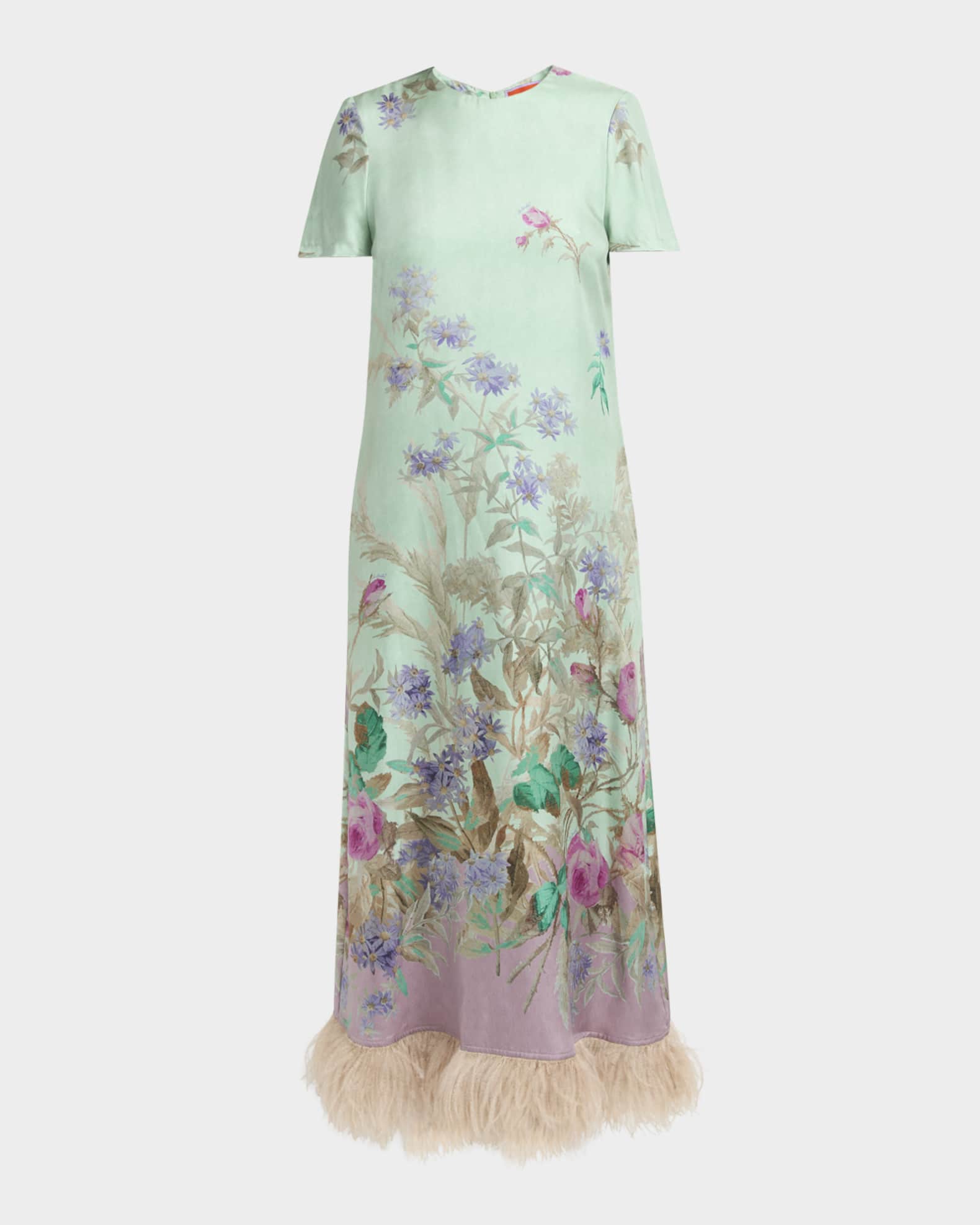 Floral Feather-Trim Maxi Swing Dress 0