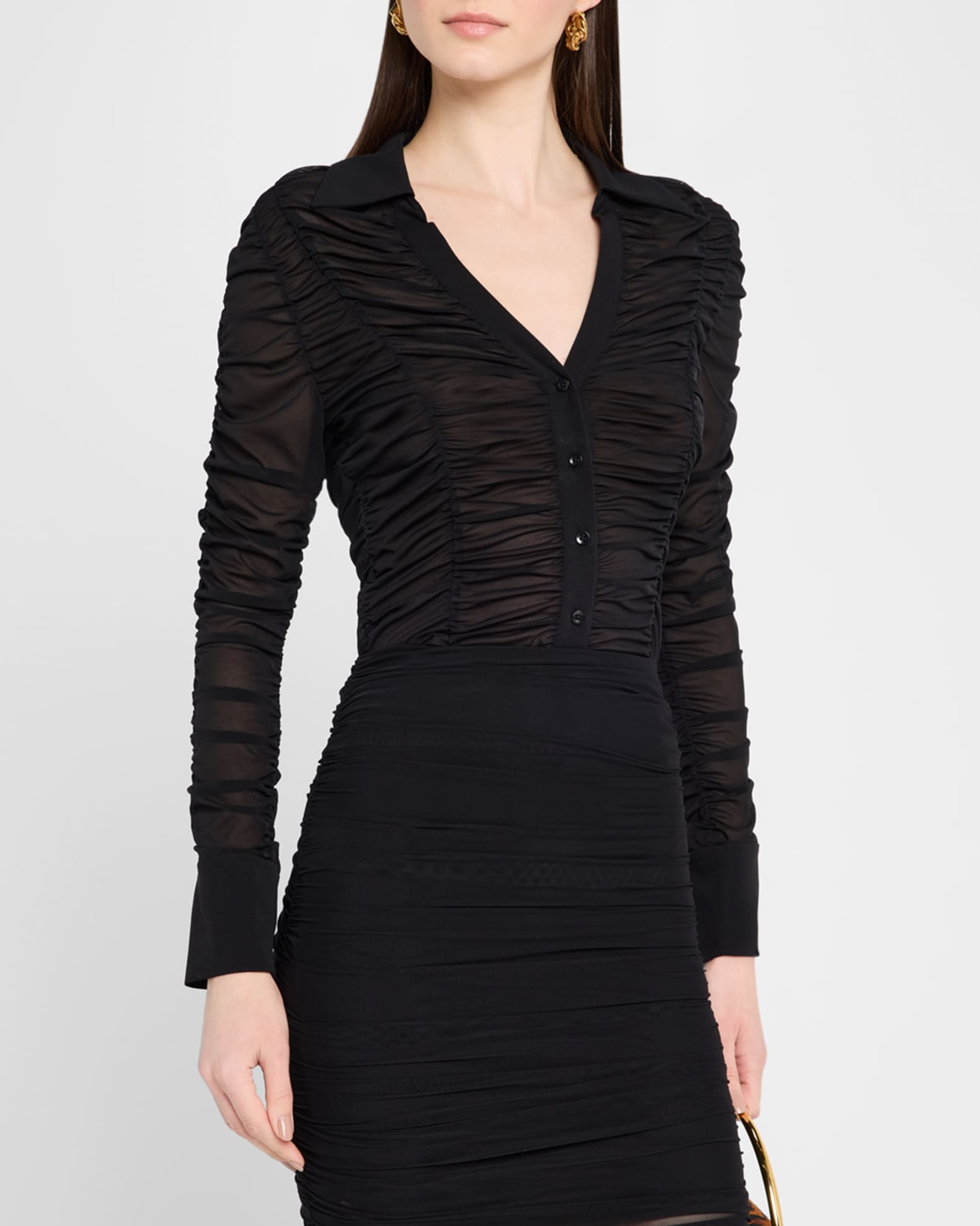 ALICE + OLIVIA Portia Fitted Mesh Button-Front Shirt | Neiman Marcus