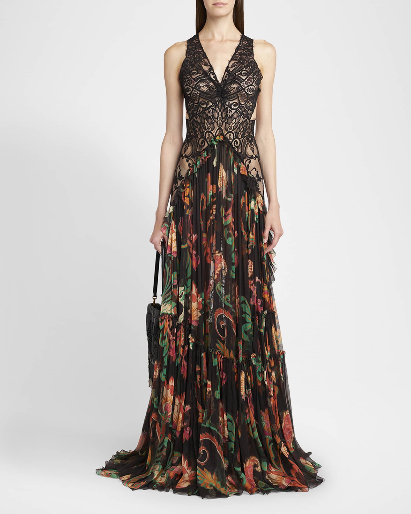 Mixed-Media V-Neck Lace Backless Gown 1