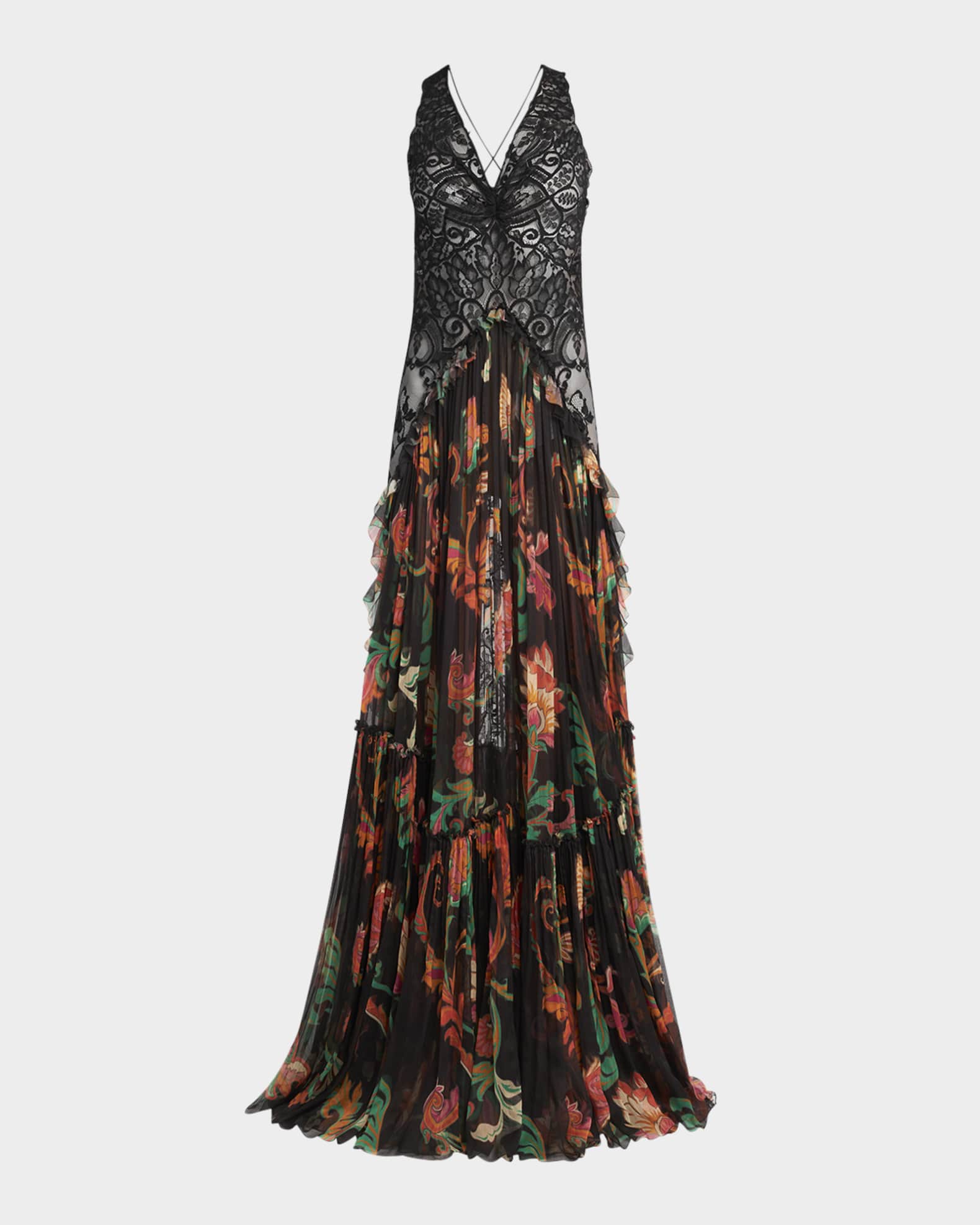 Mixed-Media V-Neck Lace Backless Gown 0