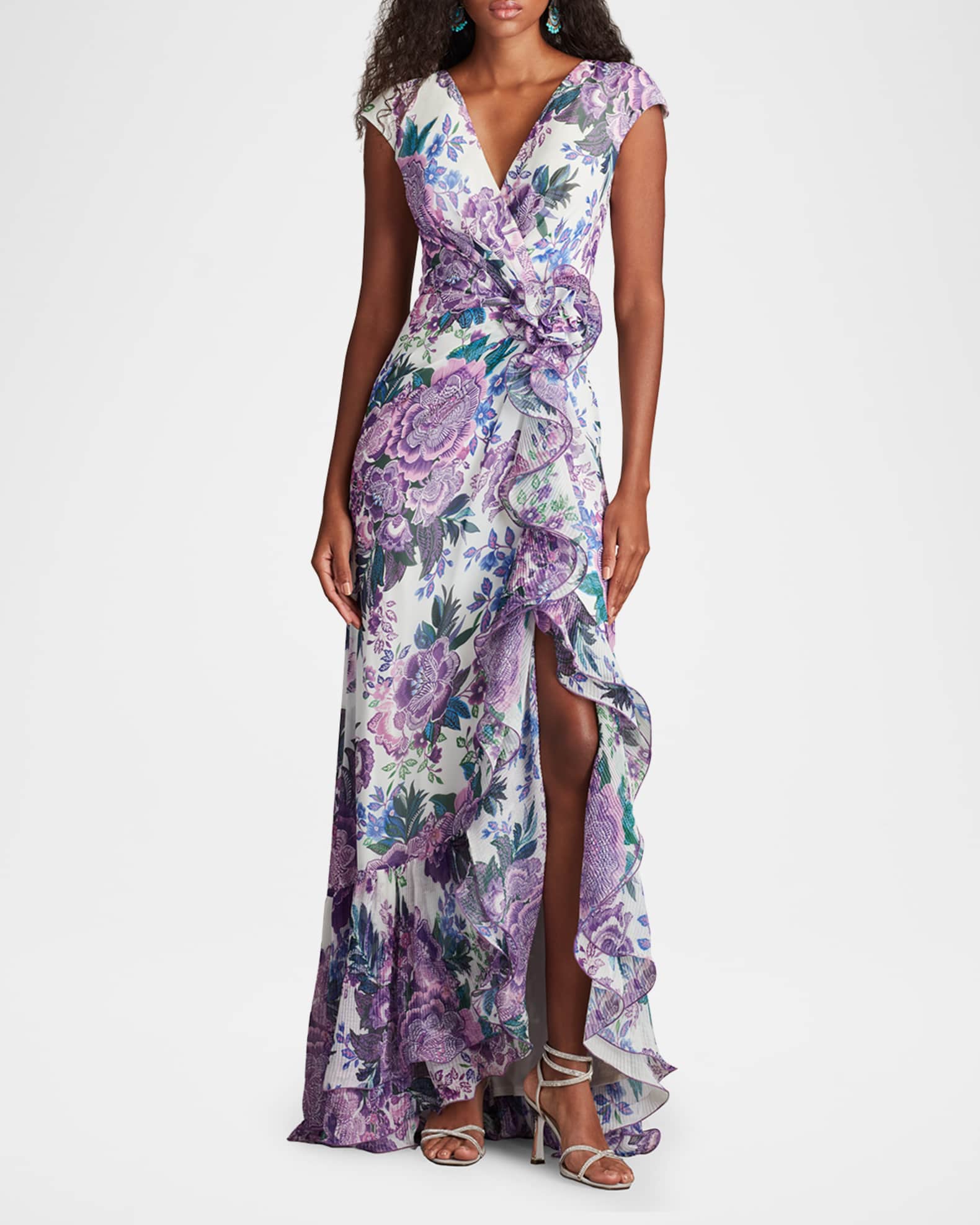 SALE!!TADASHI SHOJI シアーフローラルプリントローブ部屋着 Tadashi Shoji Floral-Print Ruffle Gown | Neiman Marcus