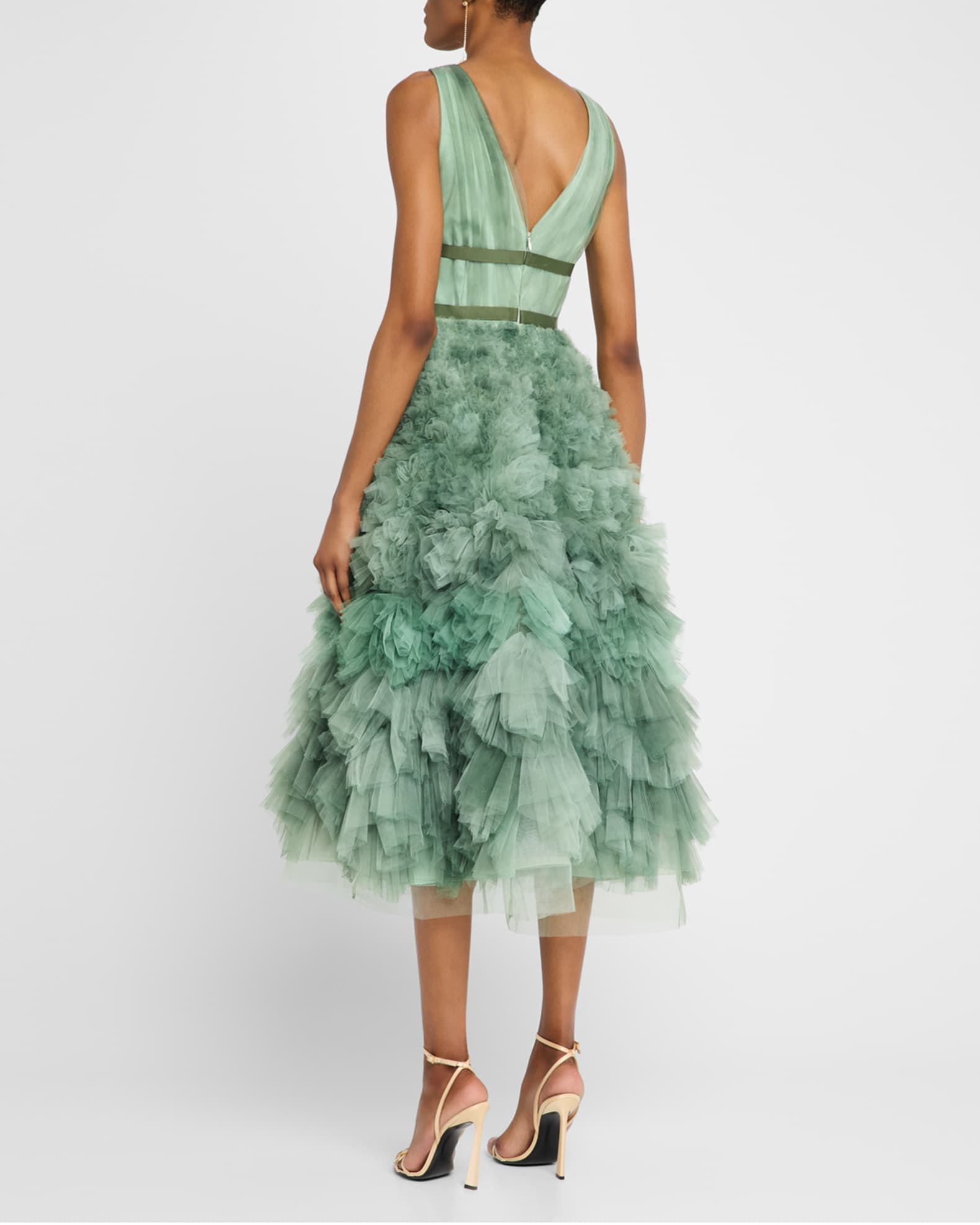 Marchesa Notte Deep V-Neck Ruffle Midi Dress | Neiman Marcus