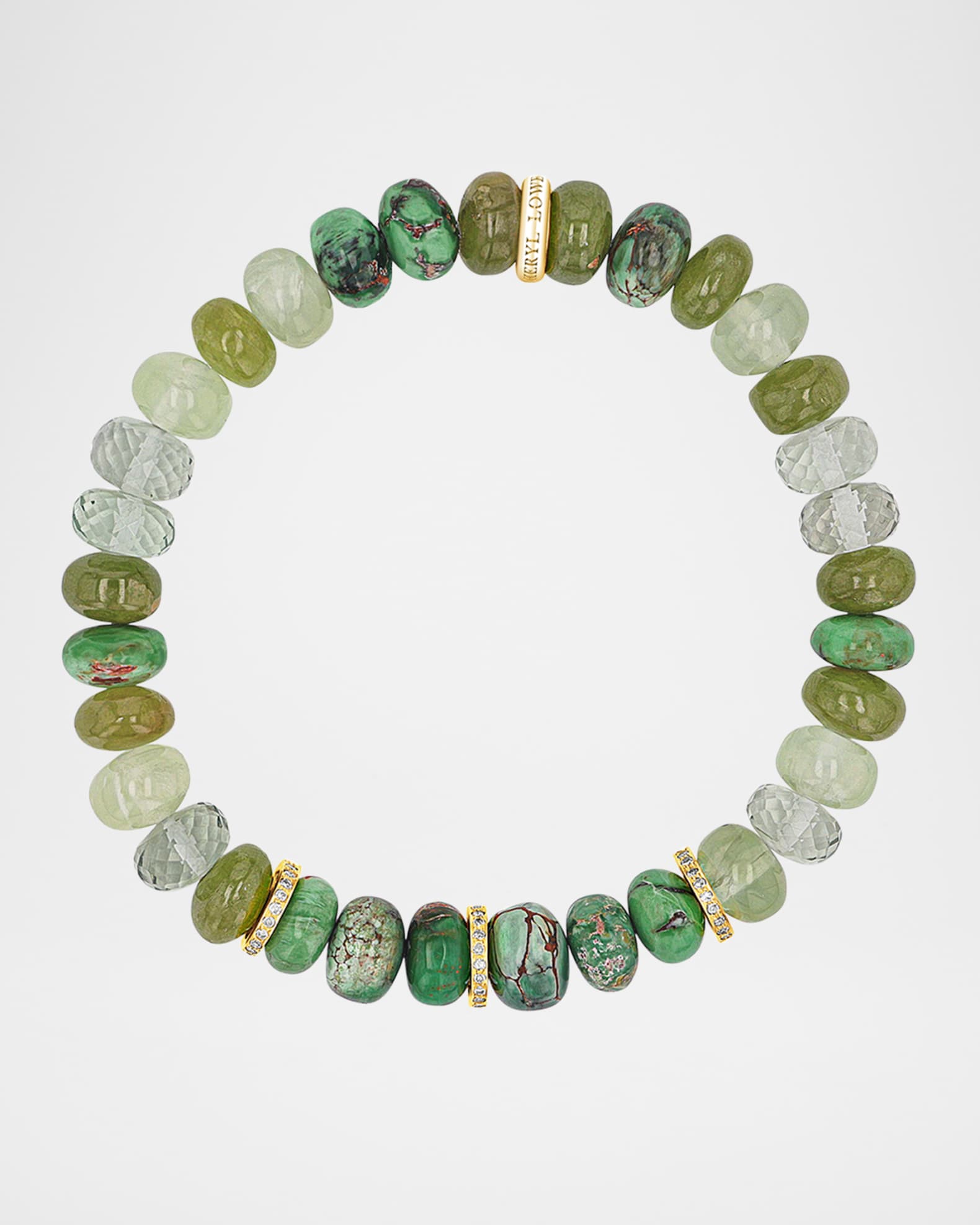 Moody Green Mix Bead Bracelet with 14K Yellow Gold and Diamond Rondelles 1