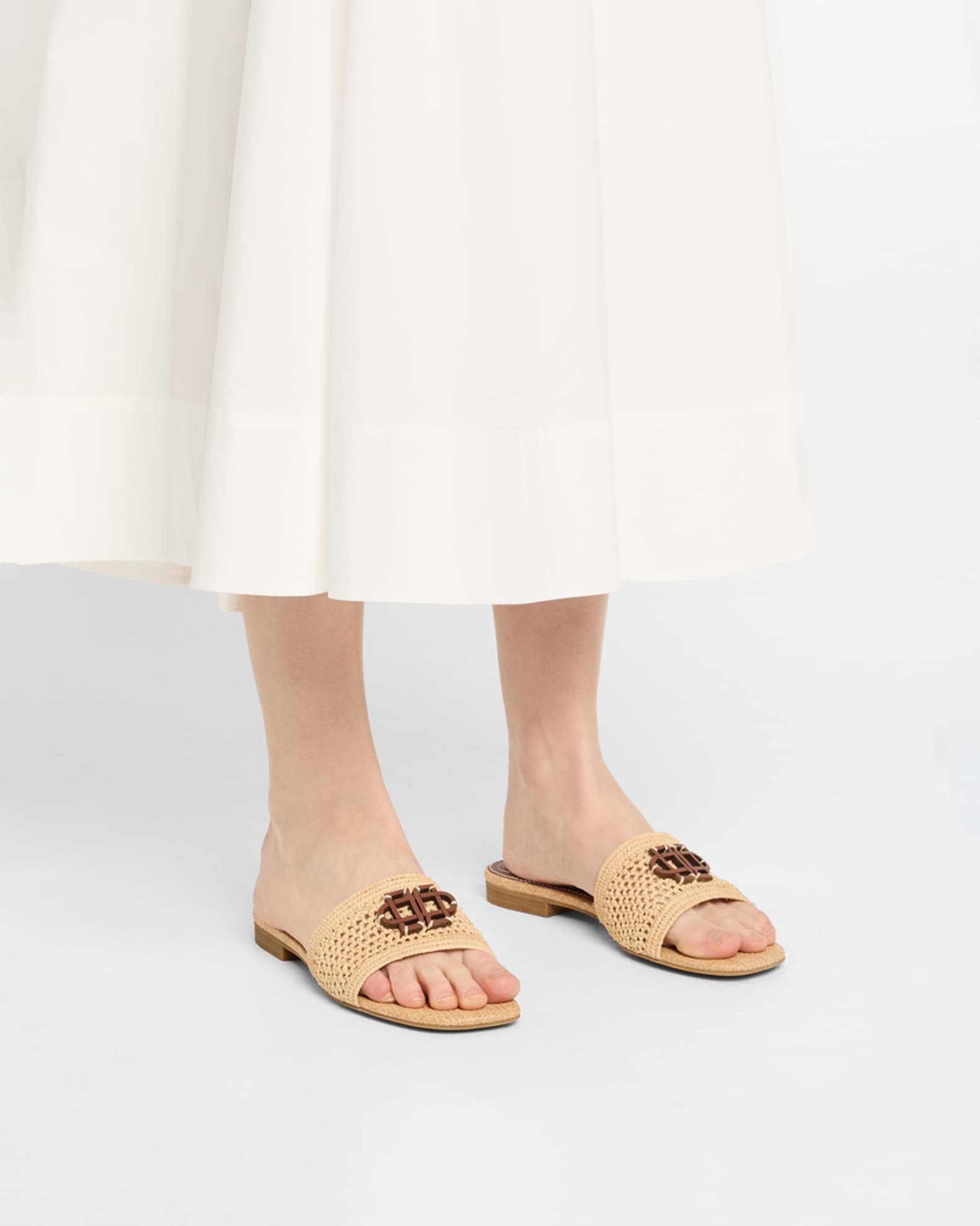 Delphi Raffia Monogram Flat Slide Sandals 1