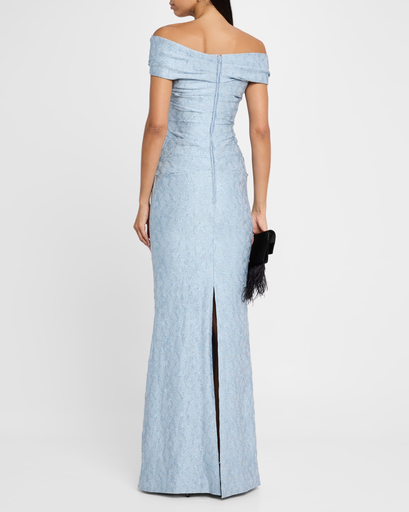 Teri Jon Metallic Jacquard Off The Shoulder Pleated Gown Size 18