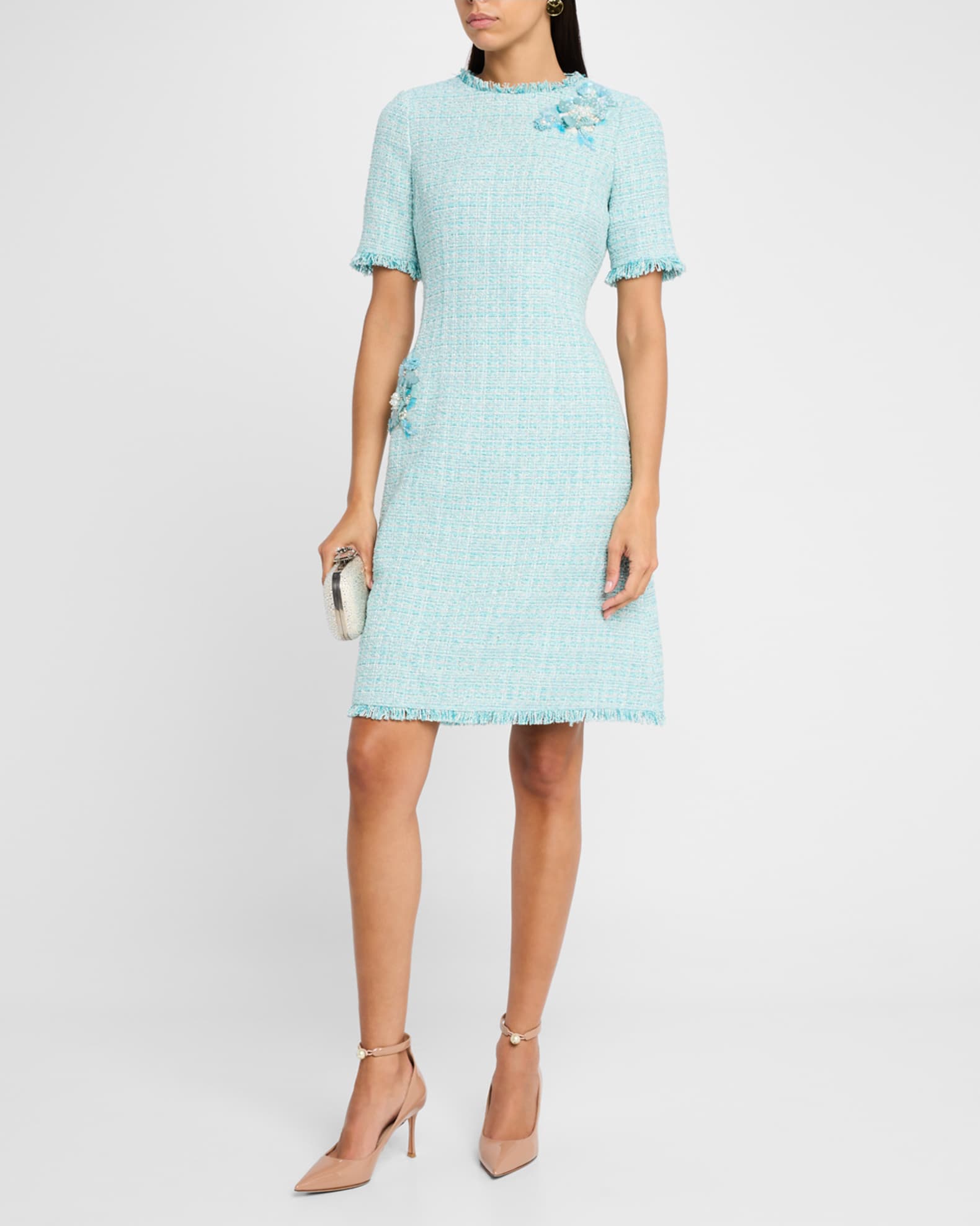 Fringe-Trim Floral Applique Tweed Dress 1