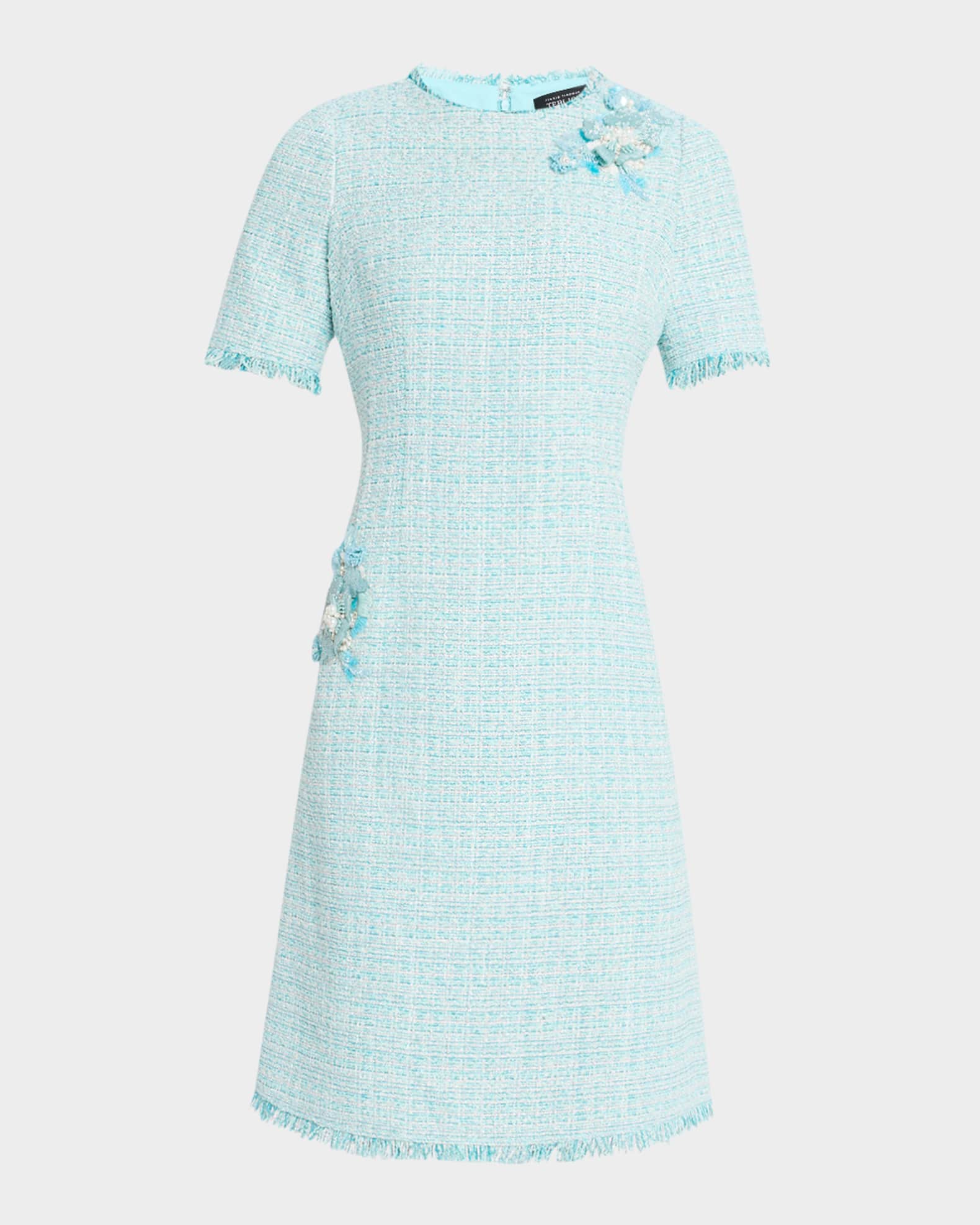 Fringe-Trim Floral Applique Tweed Dress 0