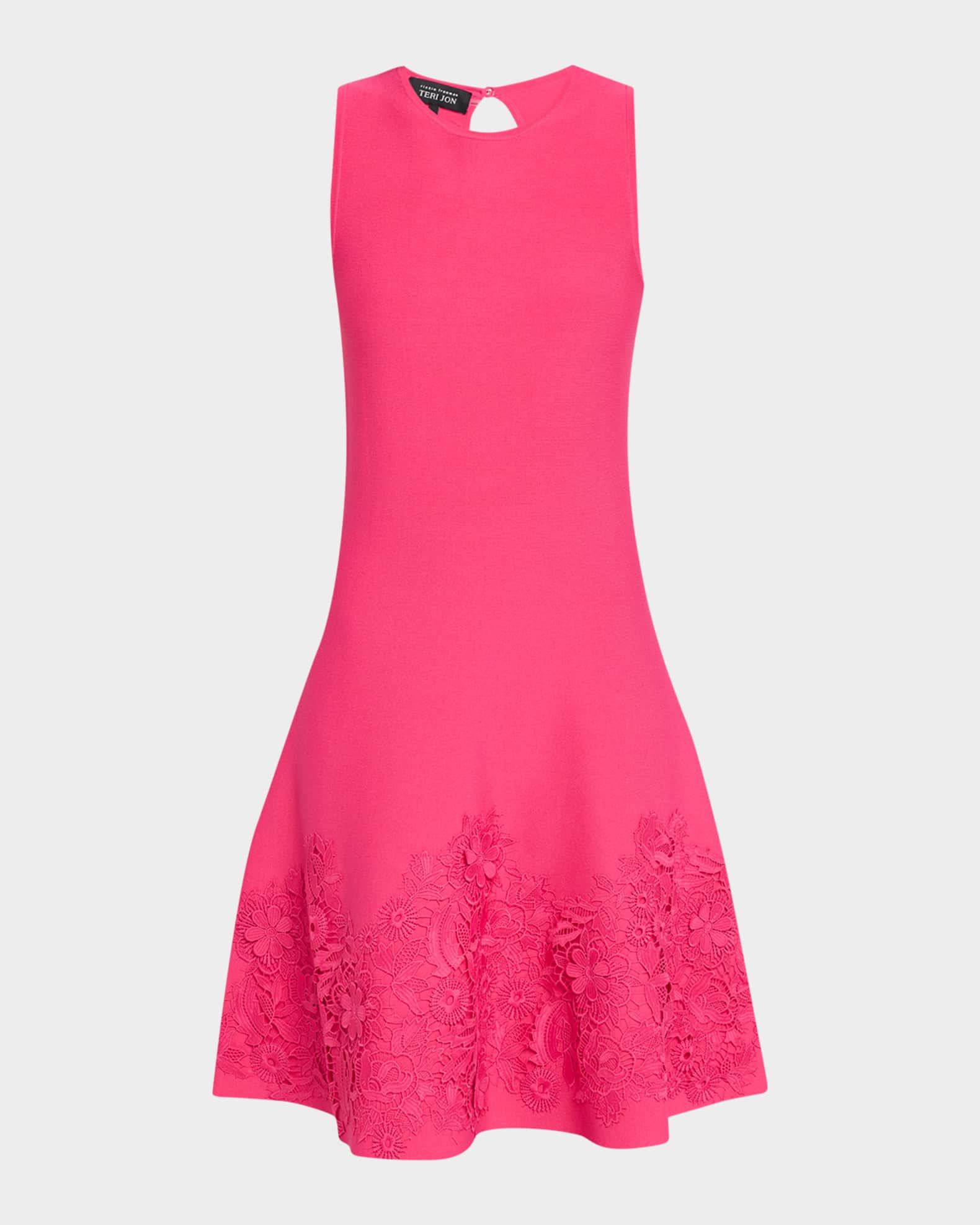 Teri Jon By Rickie Freeman Women's Knit Fit-and-Flare Lace Trim Dress - Pink - Size S - Hot Pink