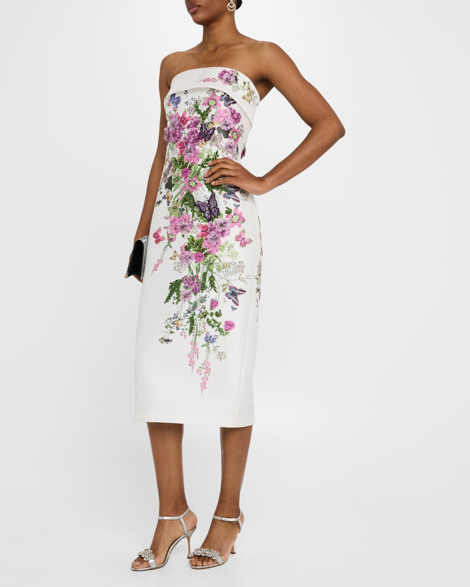 Strapless Floral-Print Applique Midi Dress 1