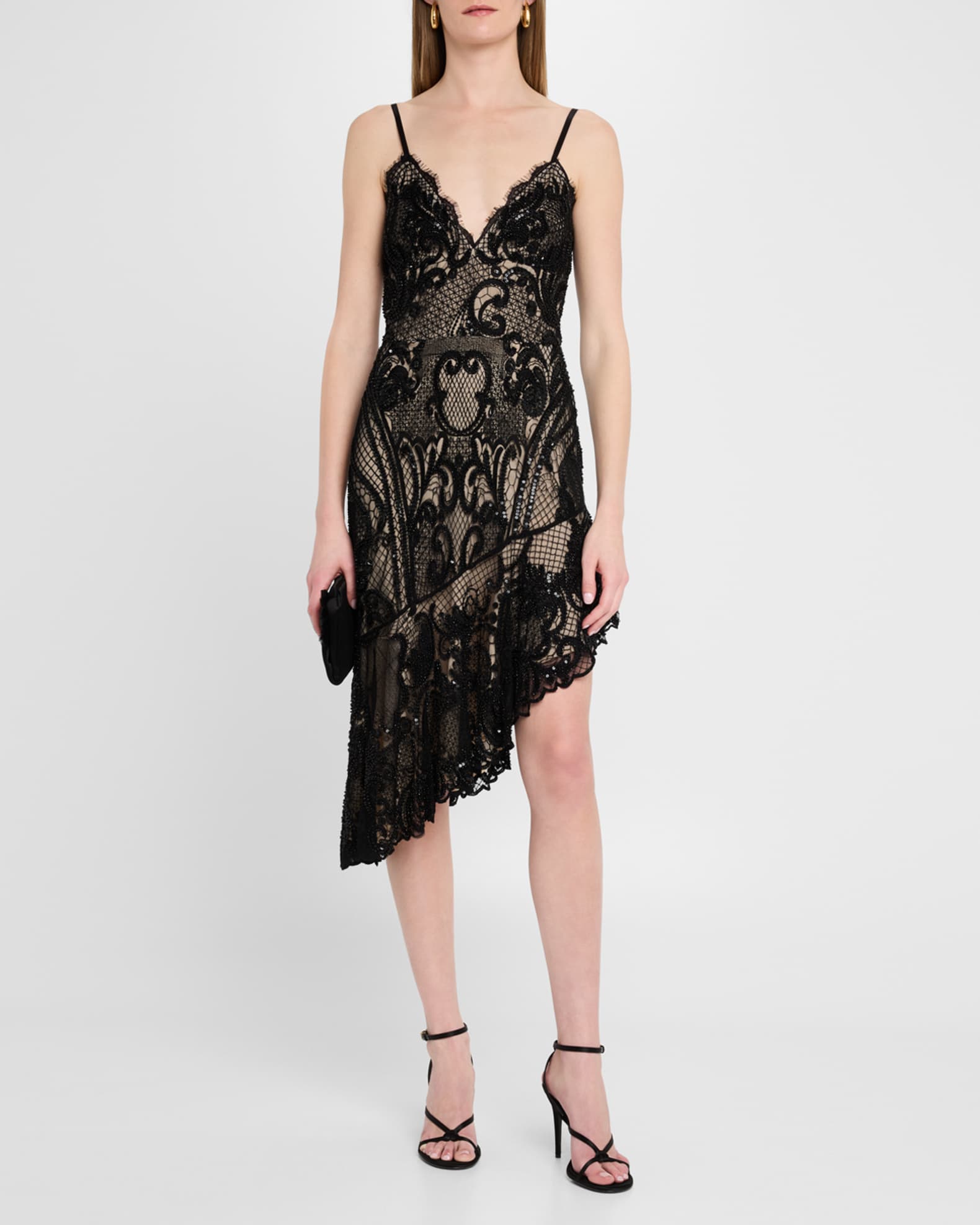 Liv Foster Odette High-Low Beaded Lace Midi Dress | Neiman Marcus