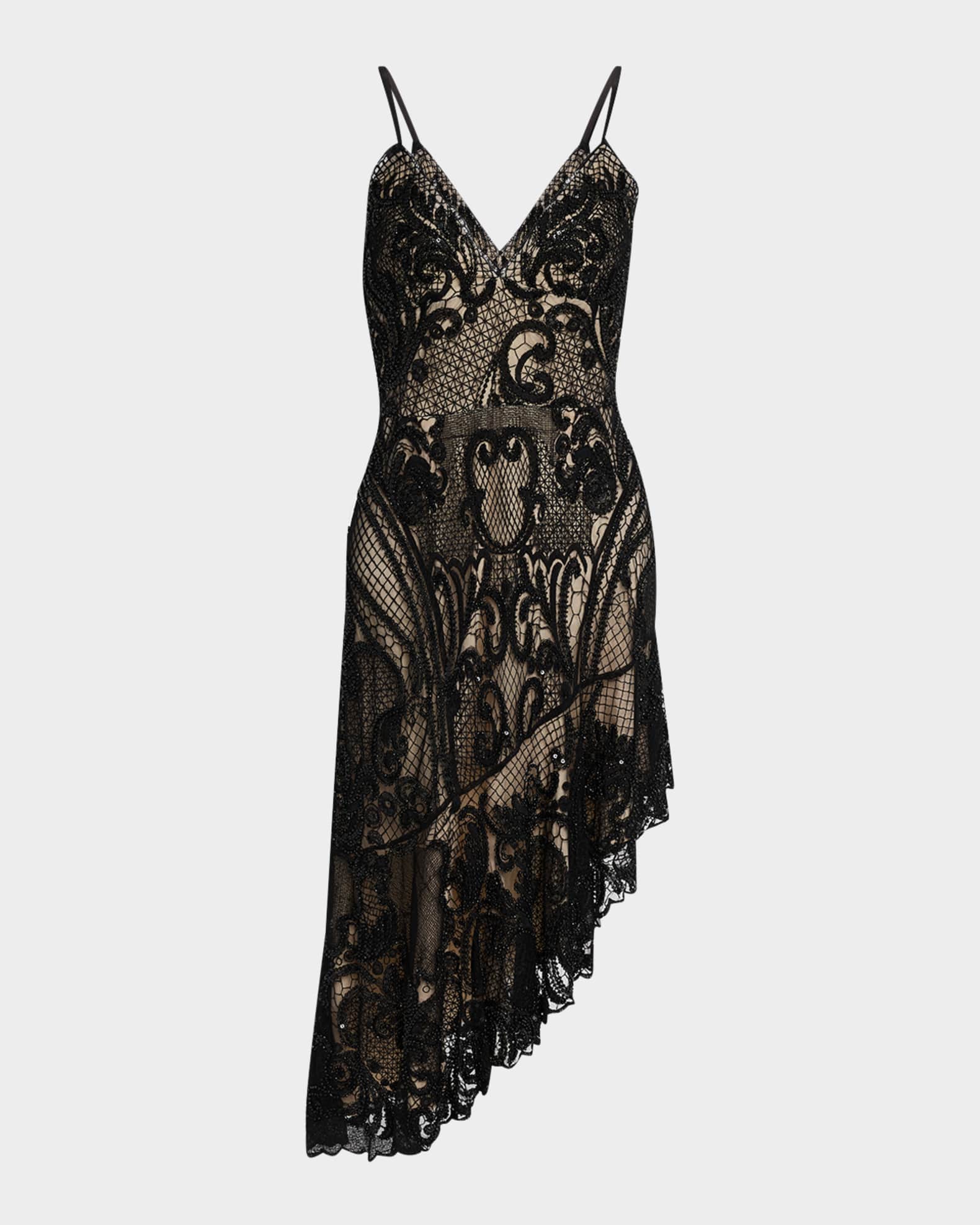 Liv Foster Odette High-Low Beaded Lace Midi Dress | Neiman Marcus