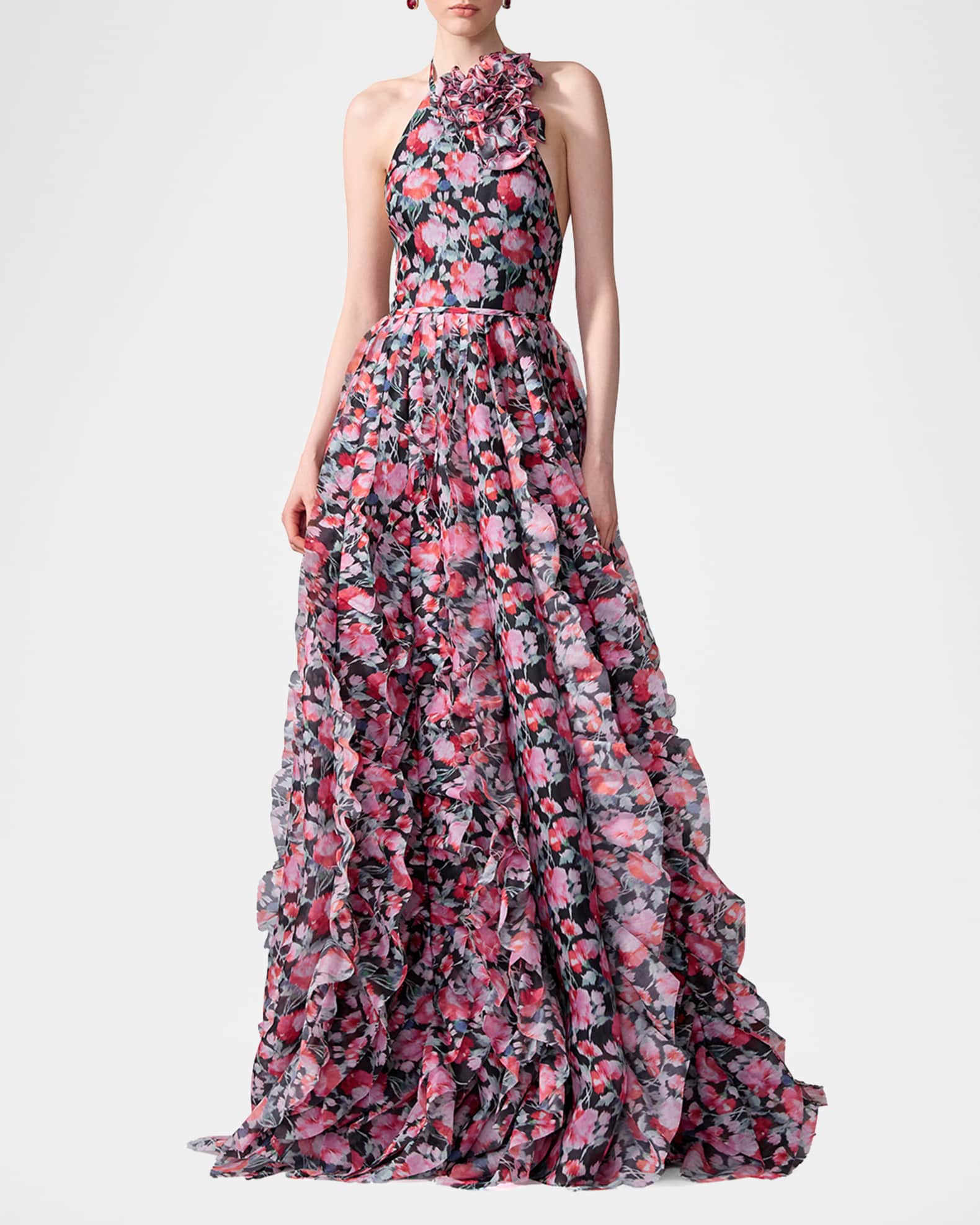 Corsage Halter Floral Ruffle Gown 1