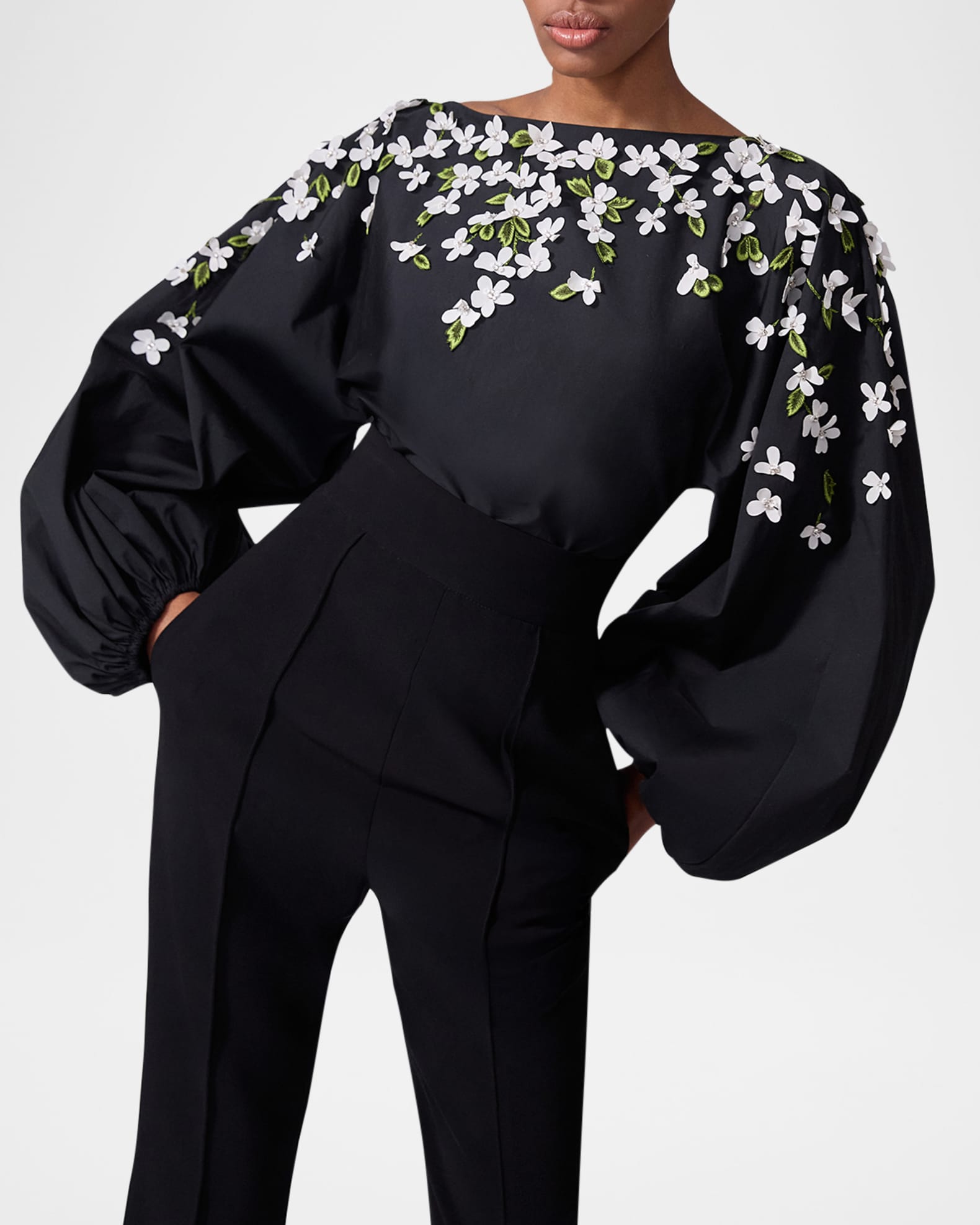 Carolina Herrera Boat-Neck Floral Embroidered Balloon-Sleeve