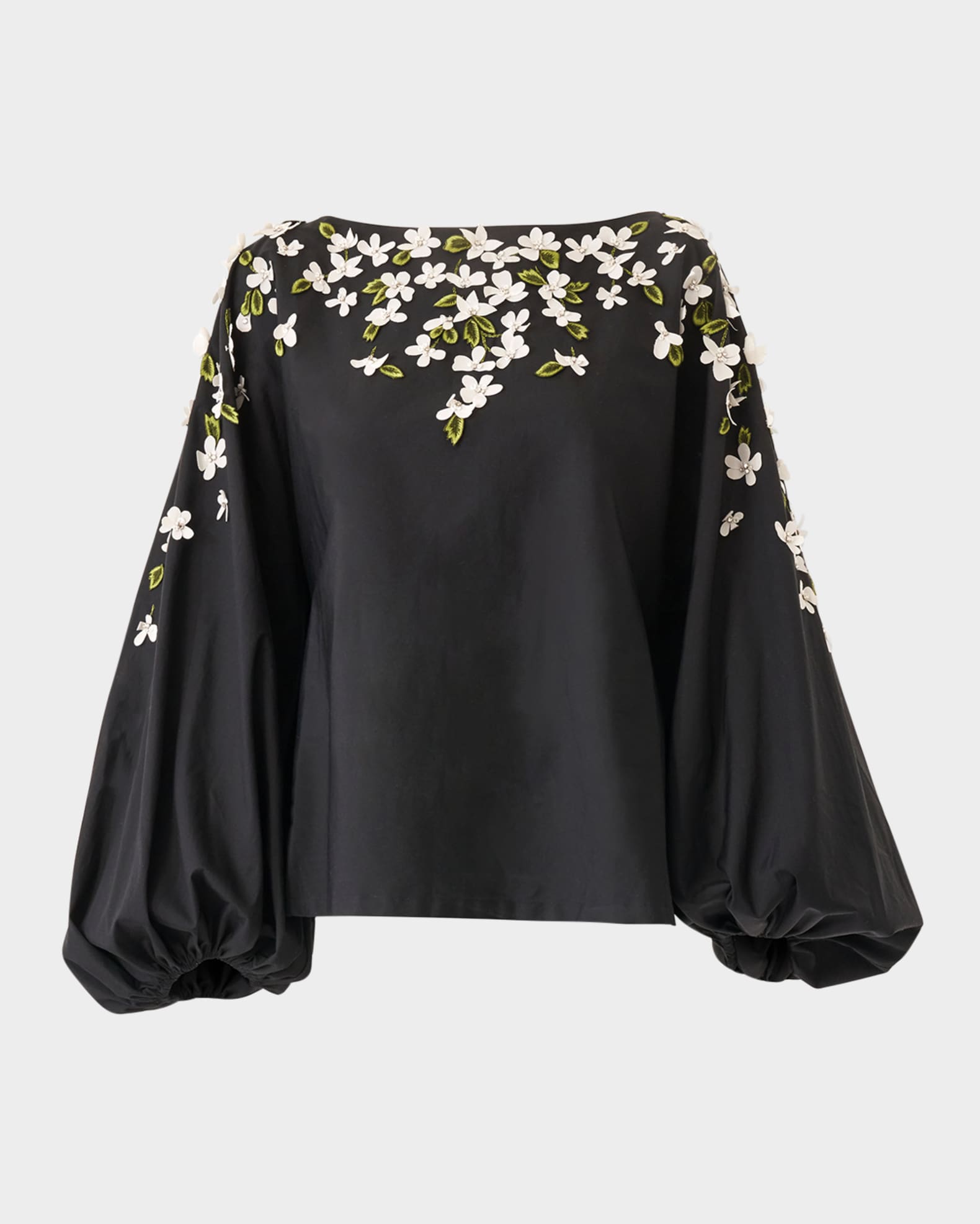 Carolina Herrera Boat-Neck Floral Embroidered Balloon-Sleeve
