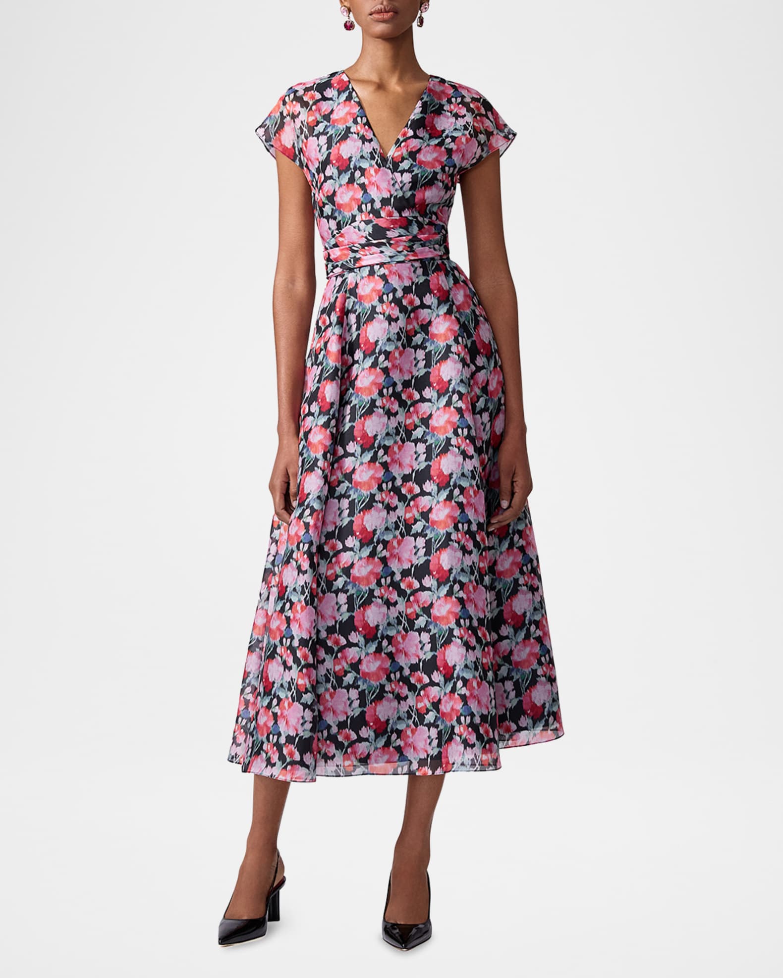 V-Neck Floral Silk Cap-Sleeve Midi Dress 1