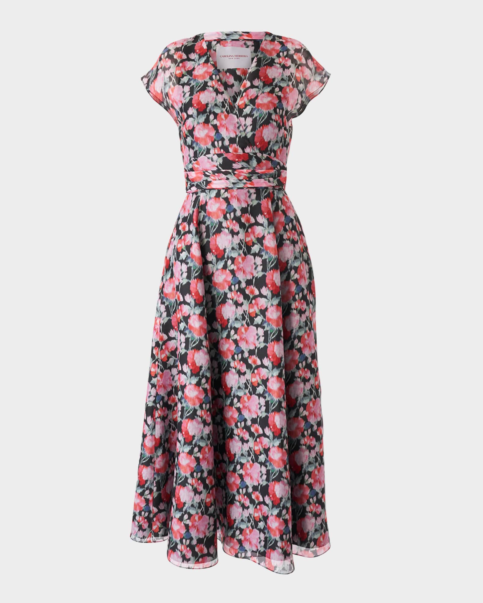 V-Neck Floral Silk Cap-Sleeve Midi Dress 0