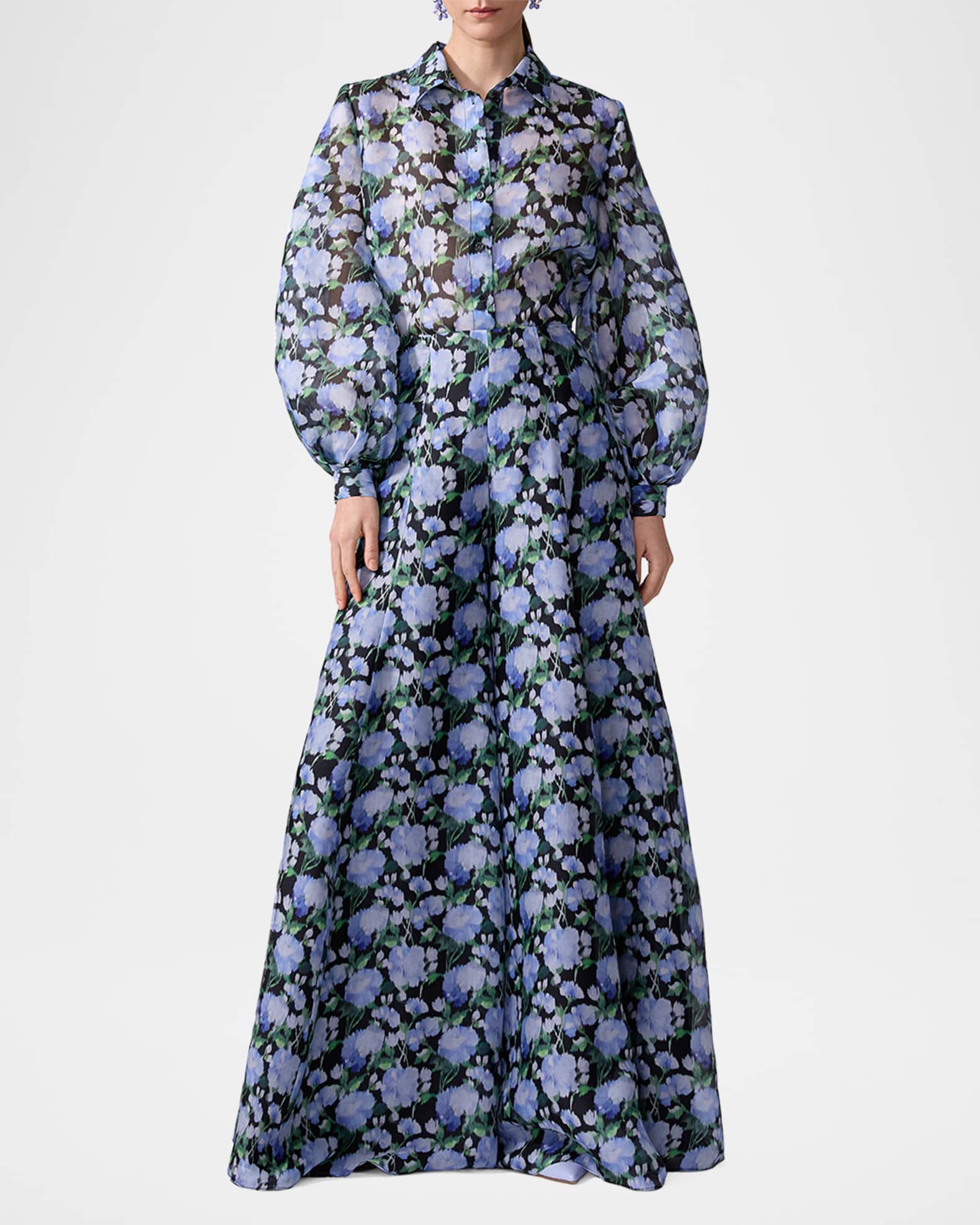 Floral Silk Puff-Sleeve Button-Down Shirt 1