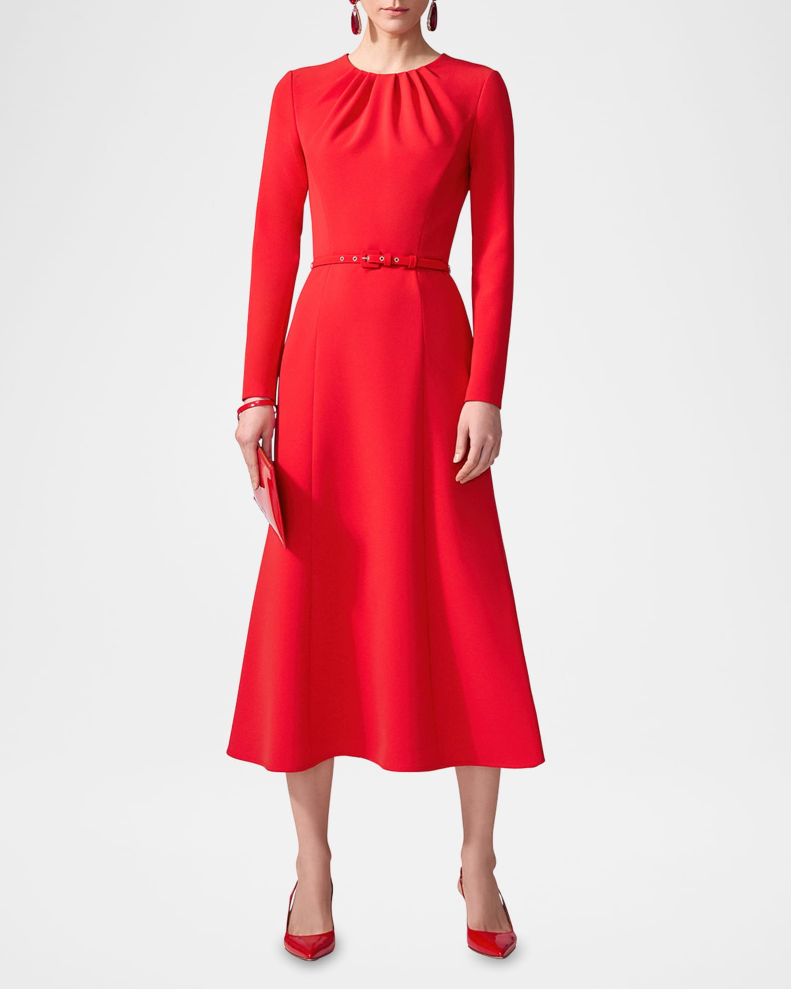 Gathered Neck Belted Long-Sleeve Midi Dress 1