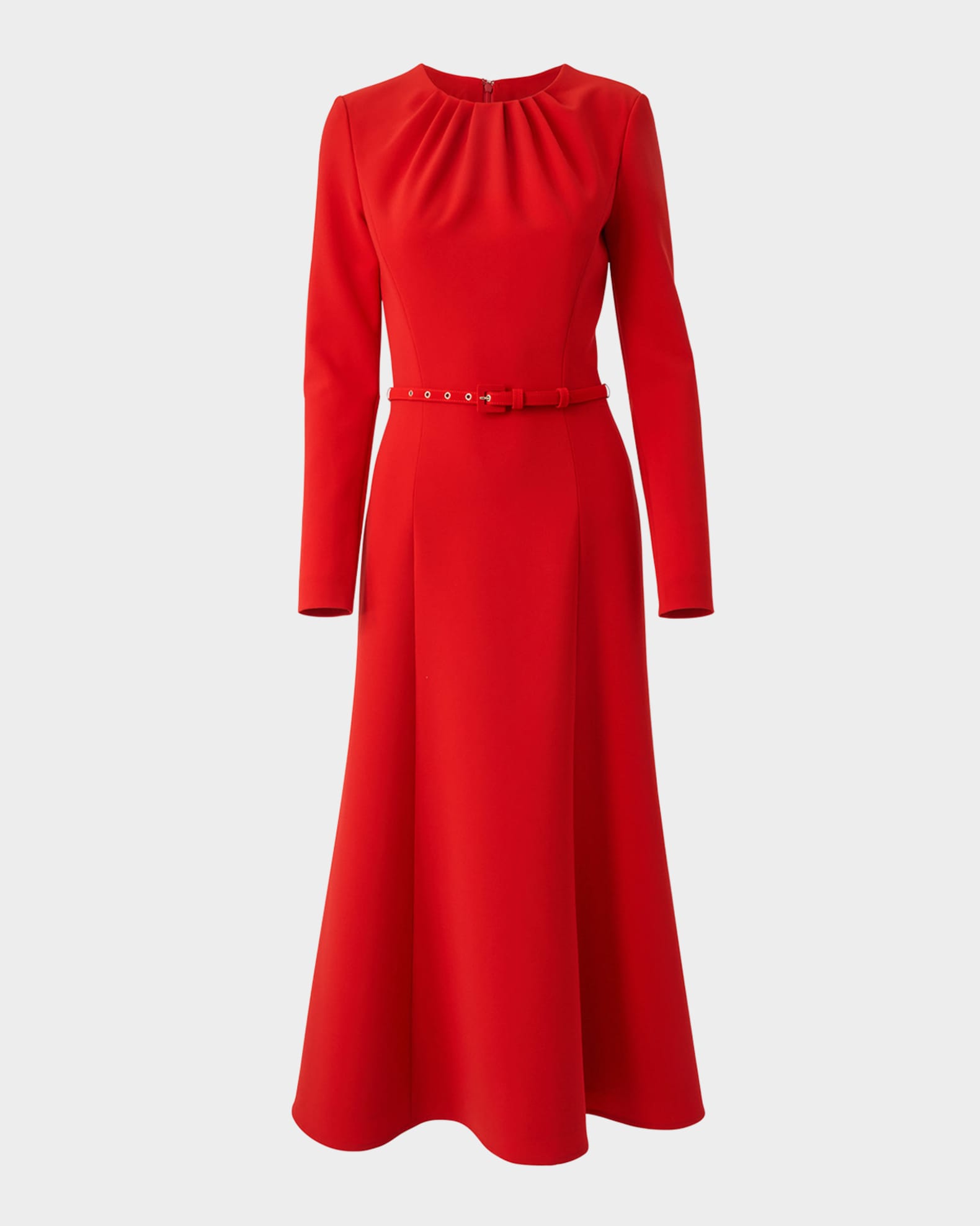 Gathered Neck Belted Long-Sleeve Midi Dress 0