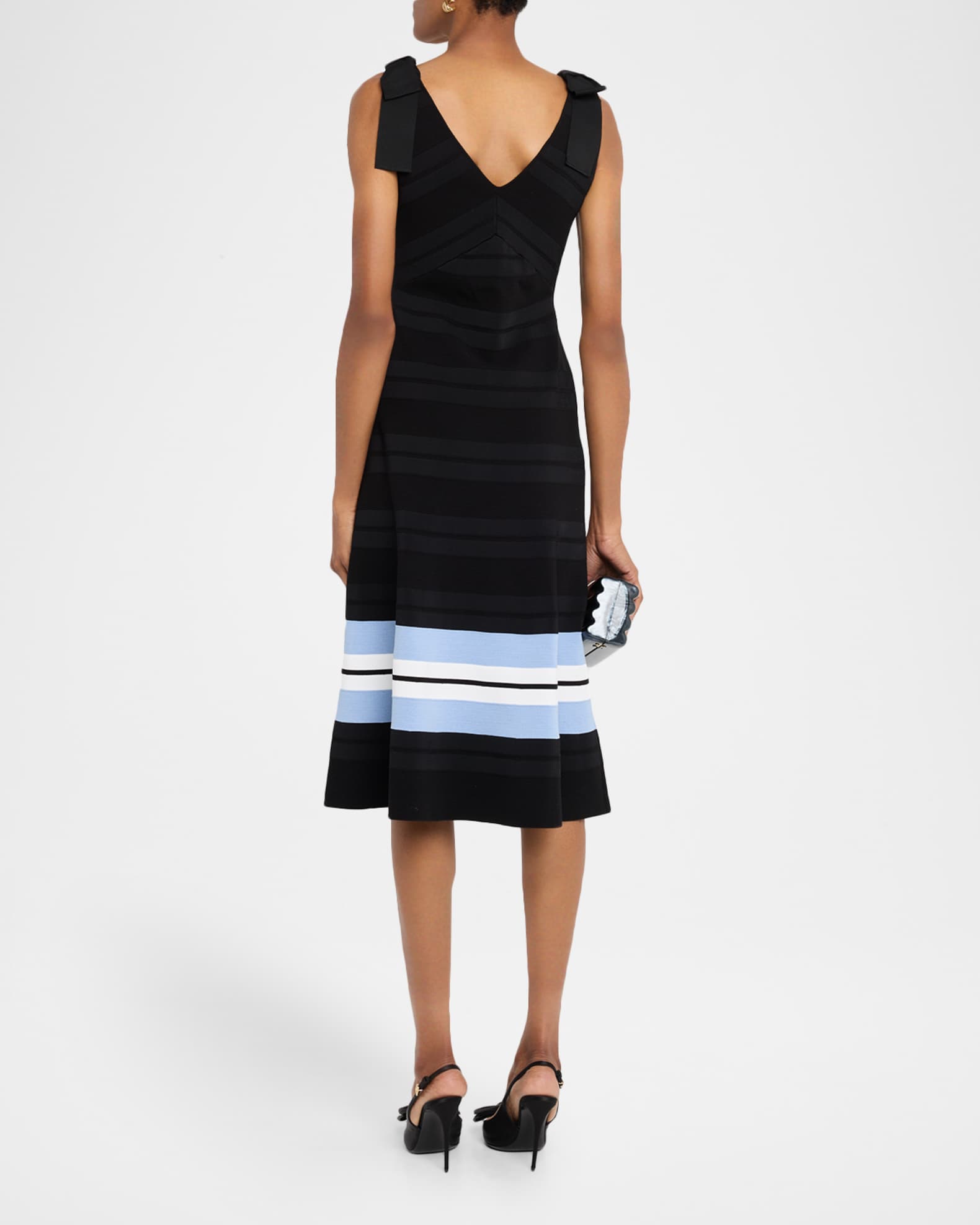 Carolina Herrera V-Neck Bow-Shoulder Fit-&-Flare Midi Dress | Neiman Marcus