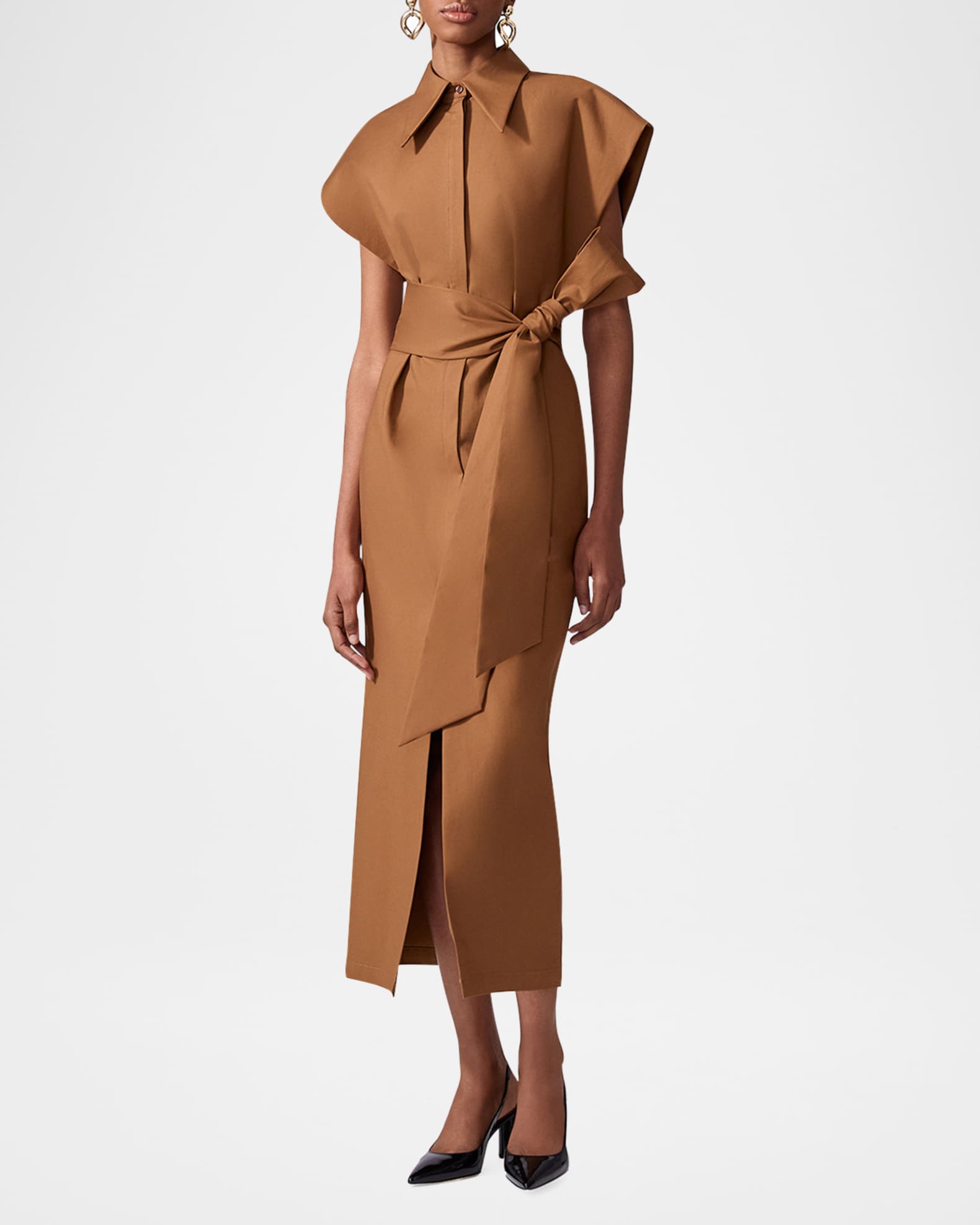 Cap-Sleeve Belted Midi Shirtdress 1