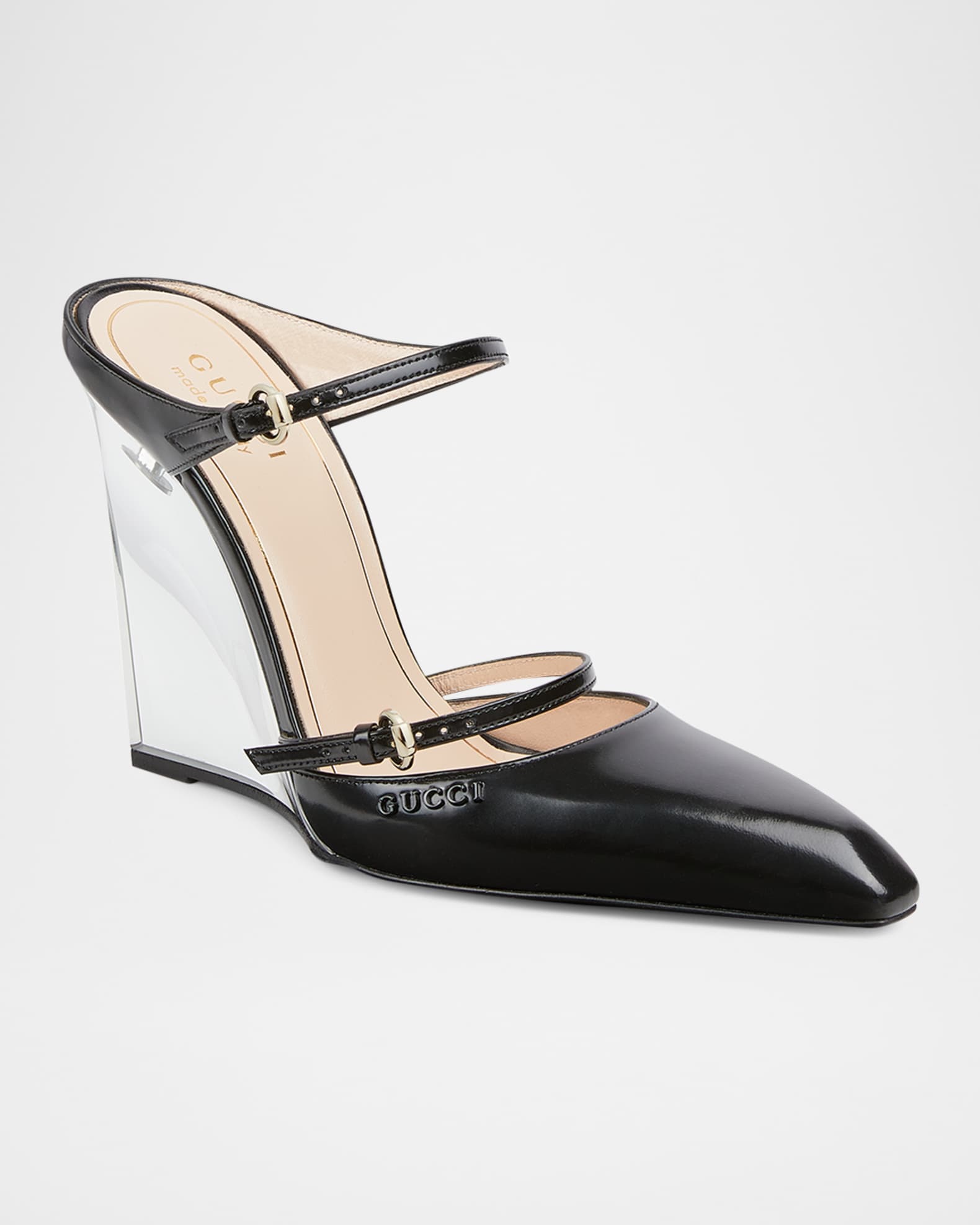 サンダル・ミュール Gucci Shiny Leather Wedge Mules Women's wedge mule in Rosso Ancora shiny leather | GUCCI