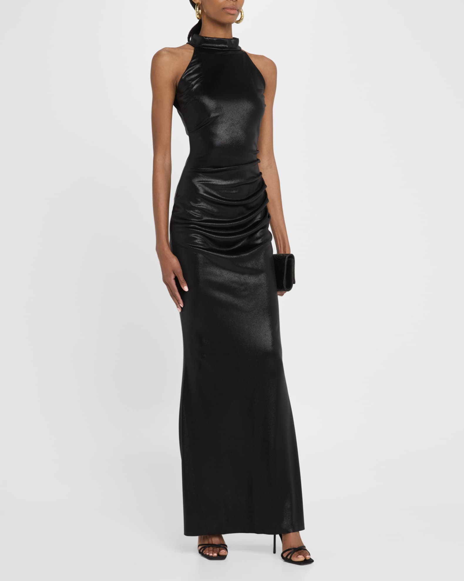 Hudrix Draped Mock-Neck Halter Column Gown 1